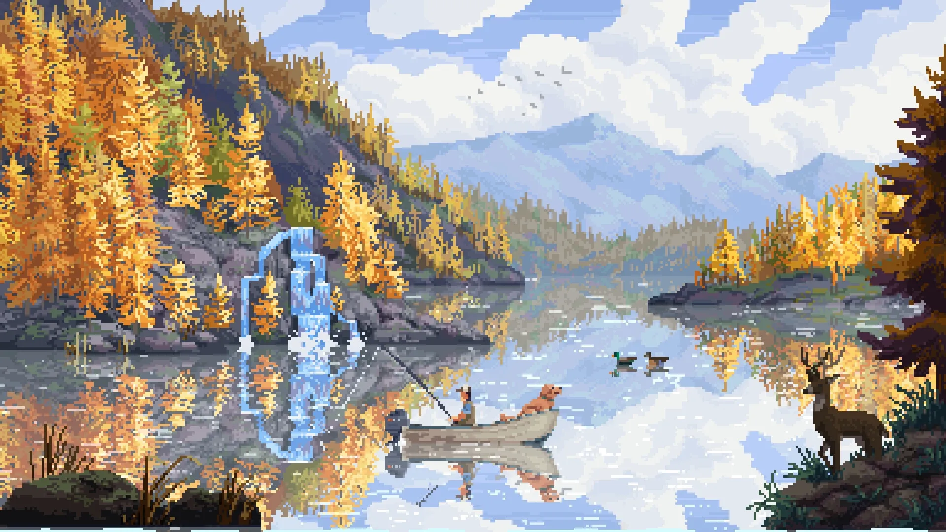 Cast n Chill: Player fishing with dog in a boat on tranquil autumn lake with waterfall and wildlife nearby.