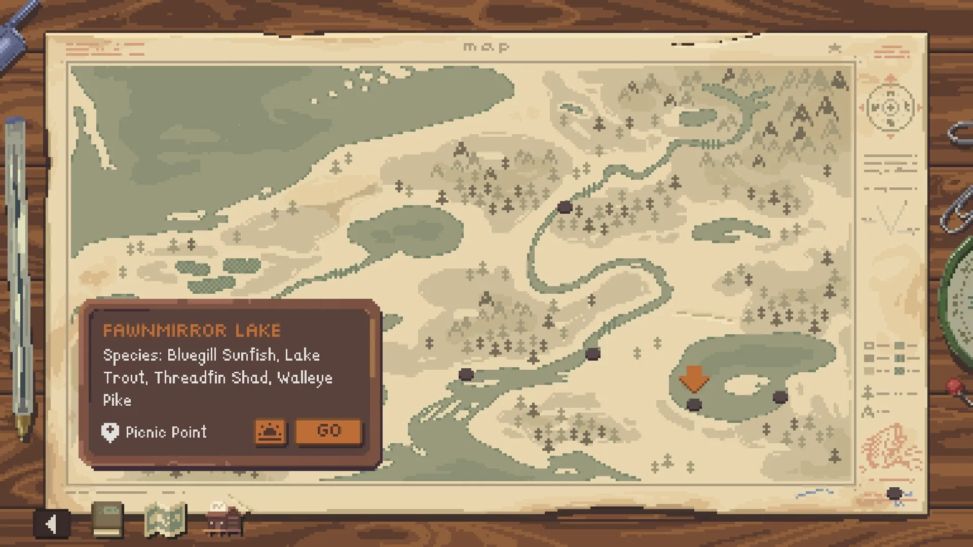 Cast n Chill: World map with Fawnmirror Lake info panel showing fish species and travel option