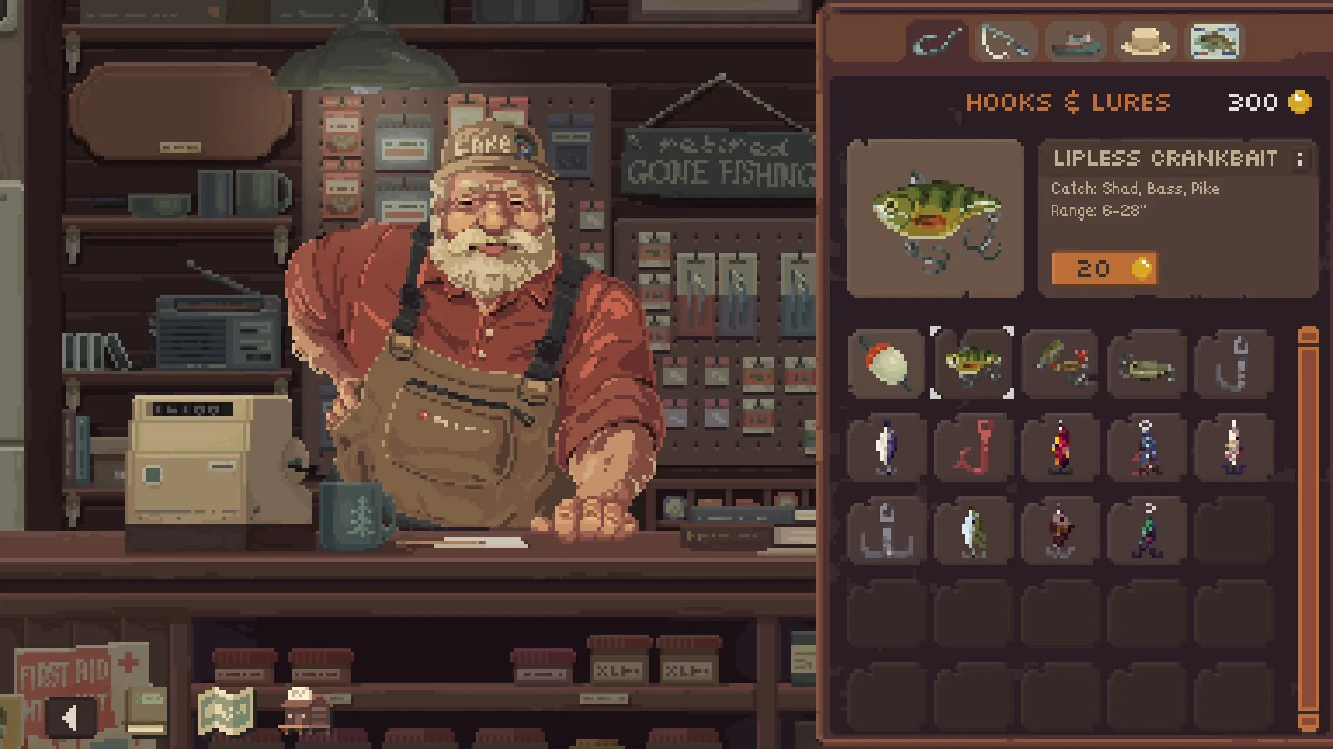 Cast n Chill: Shopkeeper behind counter with hooks and lures inventory menu displayed on the right.