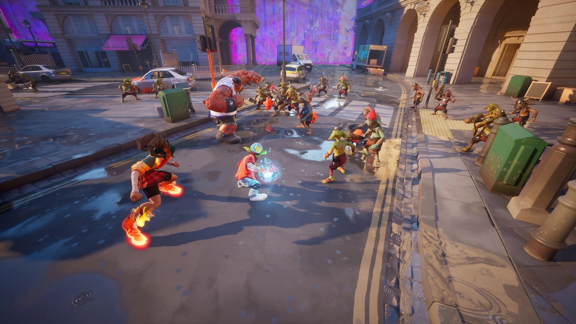 Cast Outs: Co-op brawl against goblin raiders on a city street with a glowing purple rift ahead.