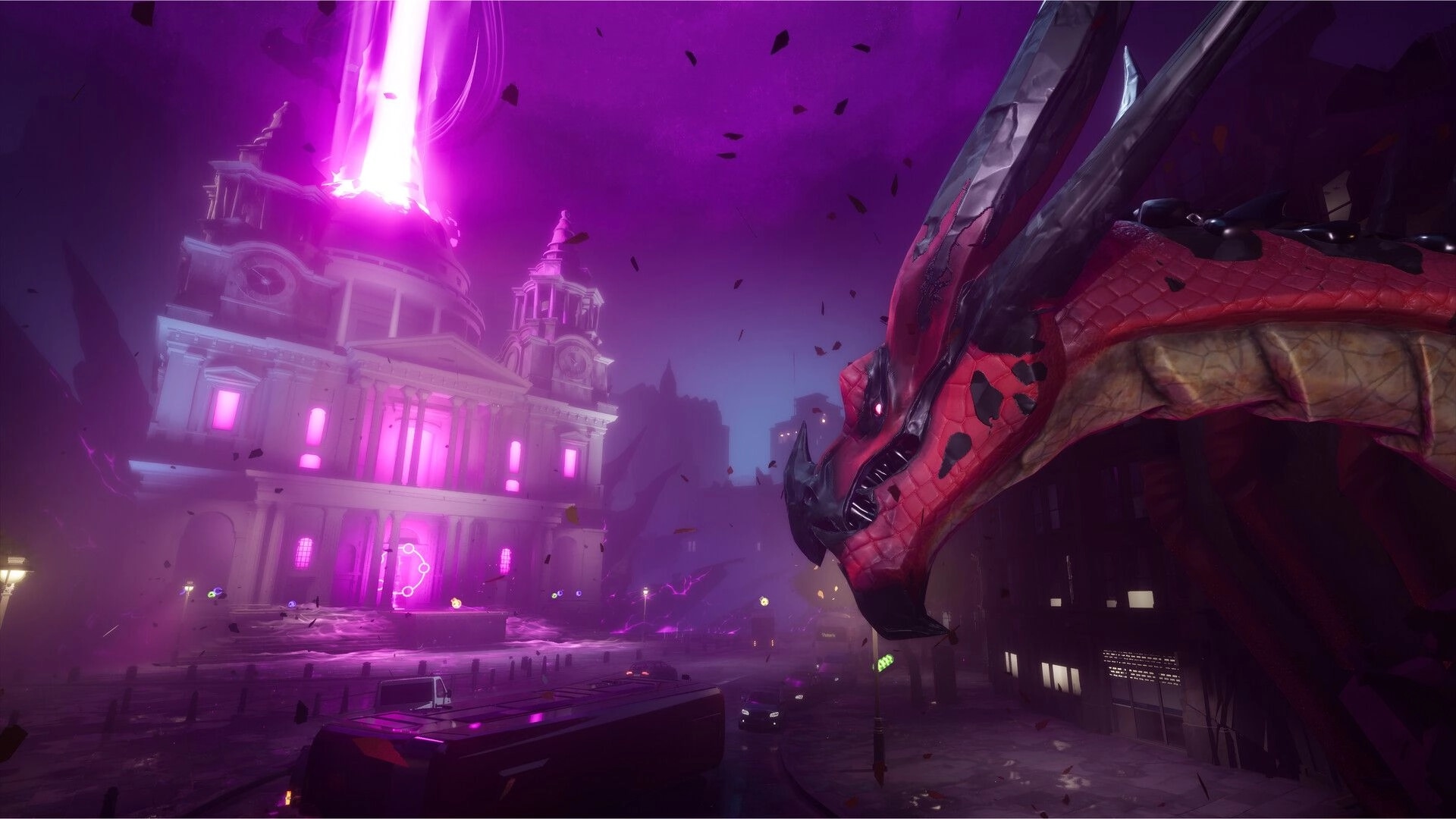 Cast Outs: Giant red dragon head looms over city hall as purple rift beams light into stormy sky.