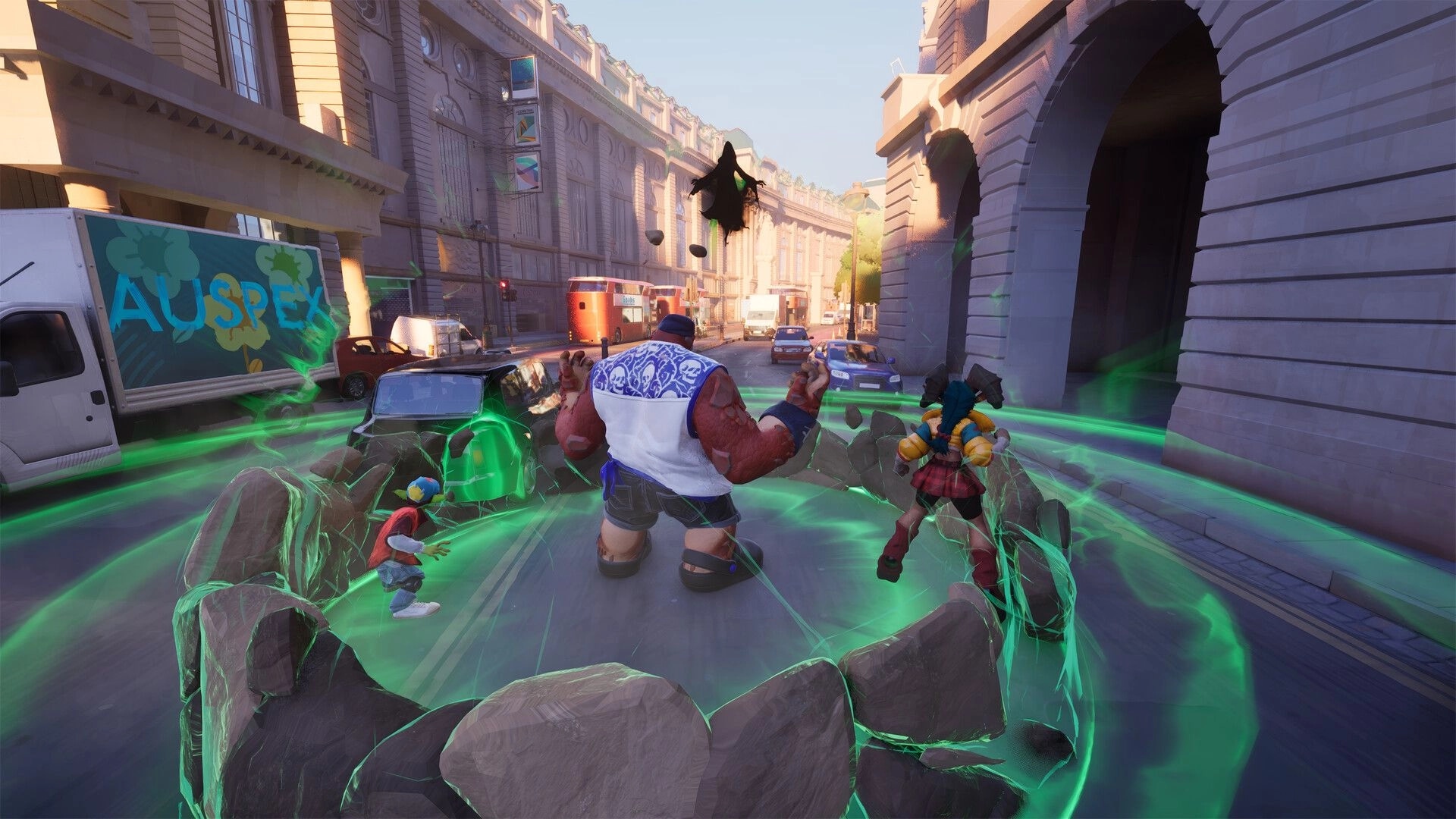 Cast Outs: Co-op heroes raise a glowing green stone ring barrier on a busy city street battle scene.