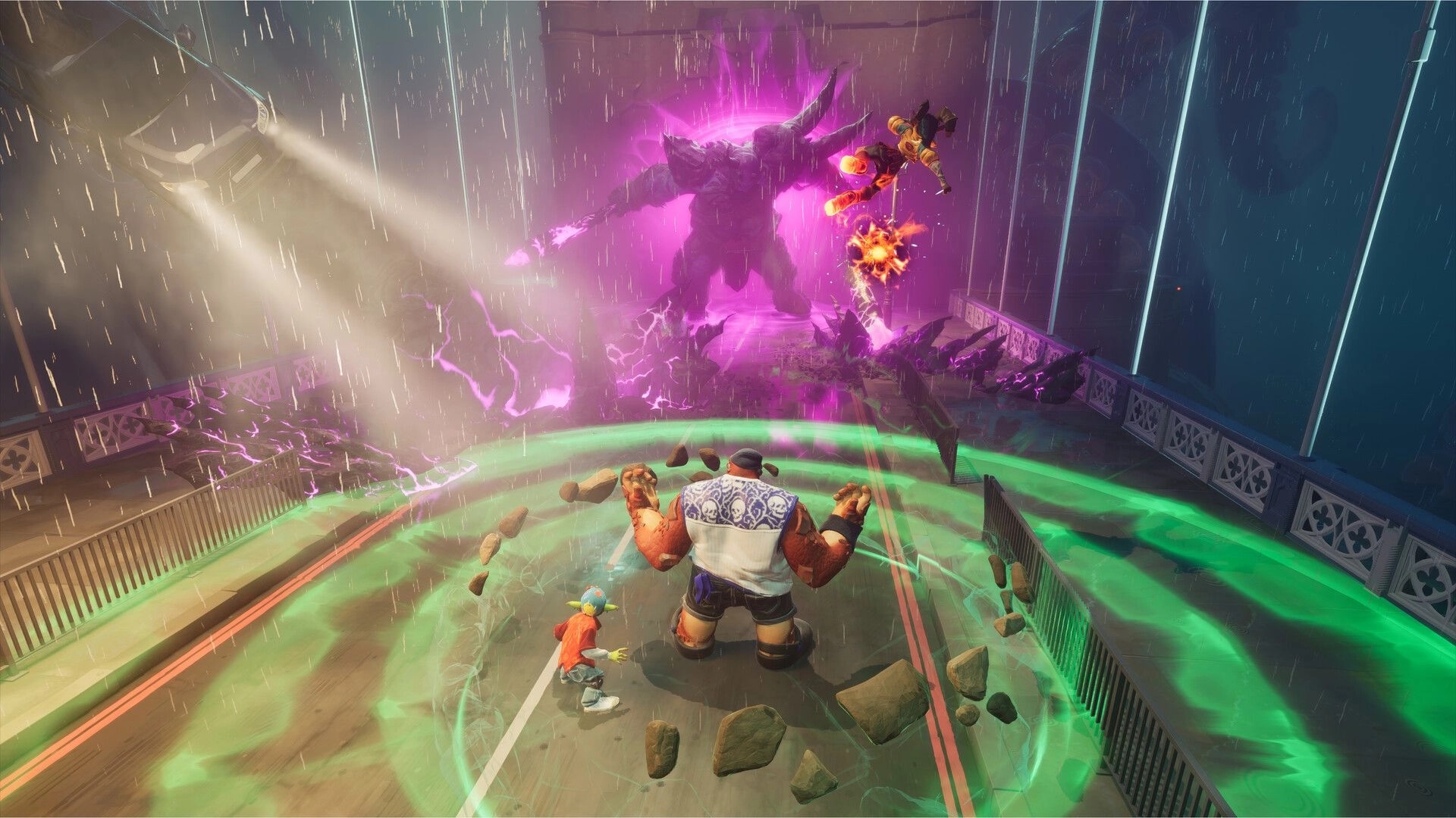 Cast Outs: Two heroes face a horned purple energy boss on a rain-soaked bridge, green aura zone active.