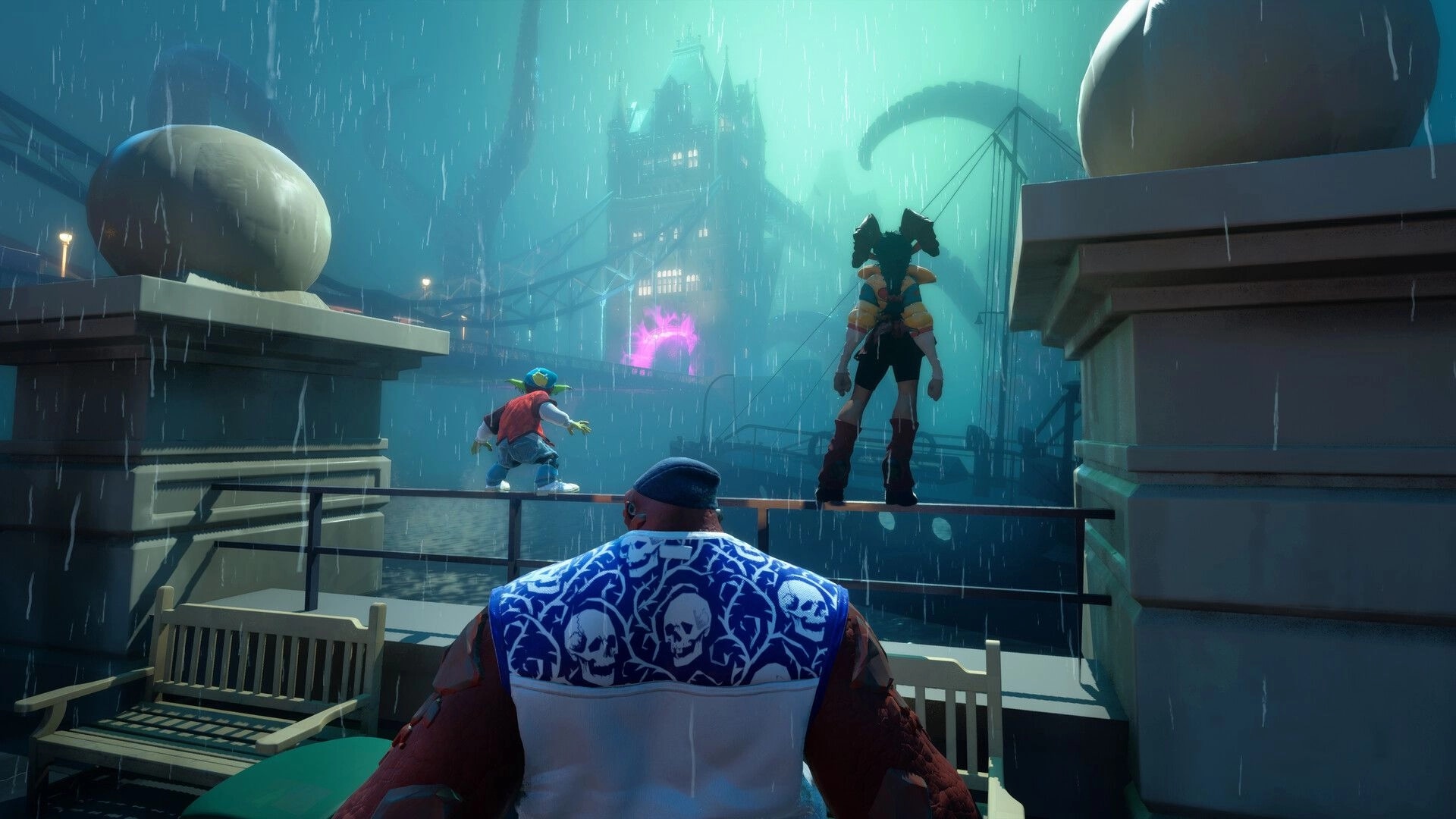 Cast Outs: Three co-op heroes on a rainy rooftop facing a glowing purple portal across the bridge skyline.
