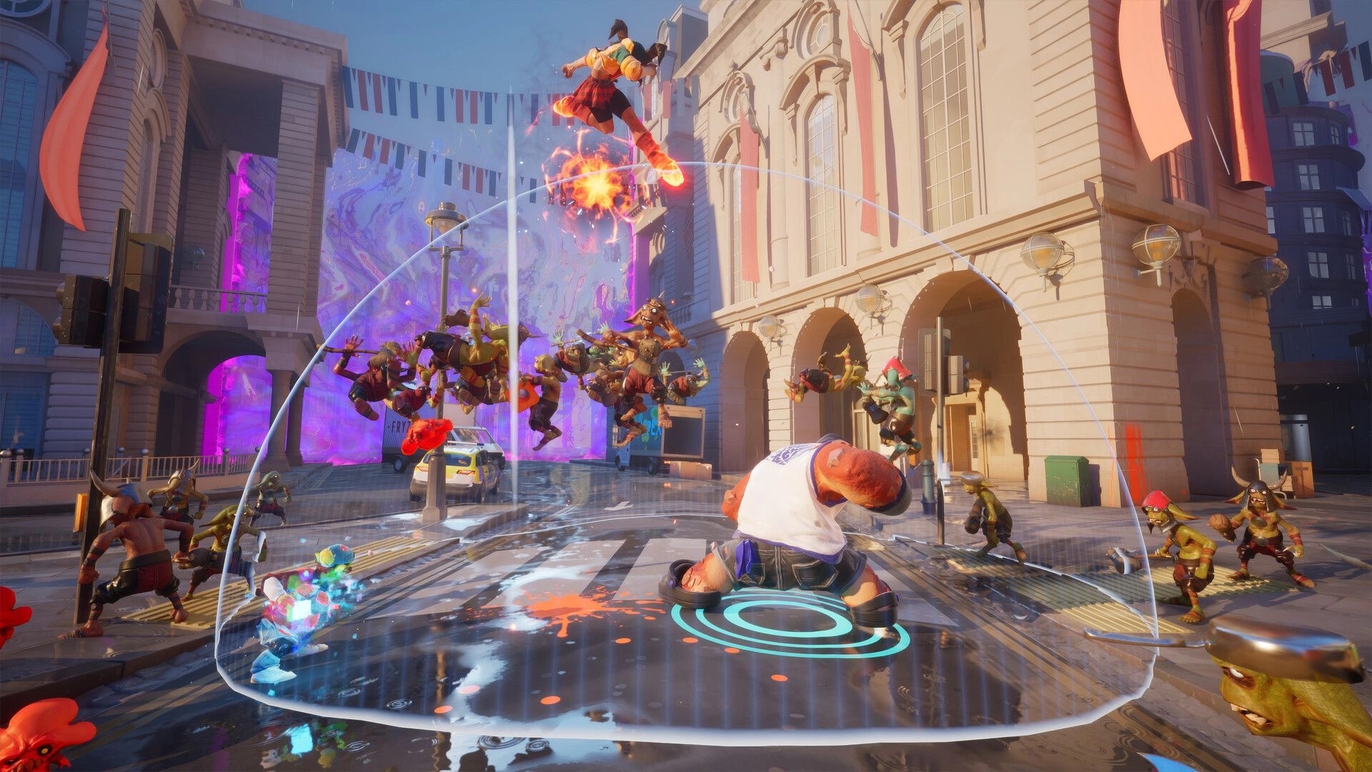 Cast Outs: Co-op fight with heroes blasting goblin foes inside a dome shield on city street plaza.