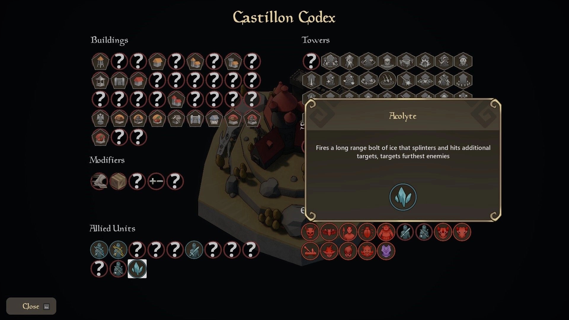 Castillon: Codex screen displaying buildings, towers, modifiers, and Acolyte unit description on black background.