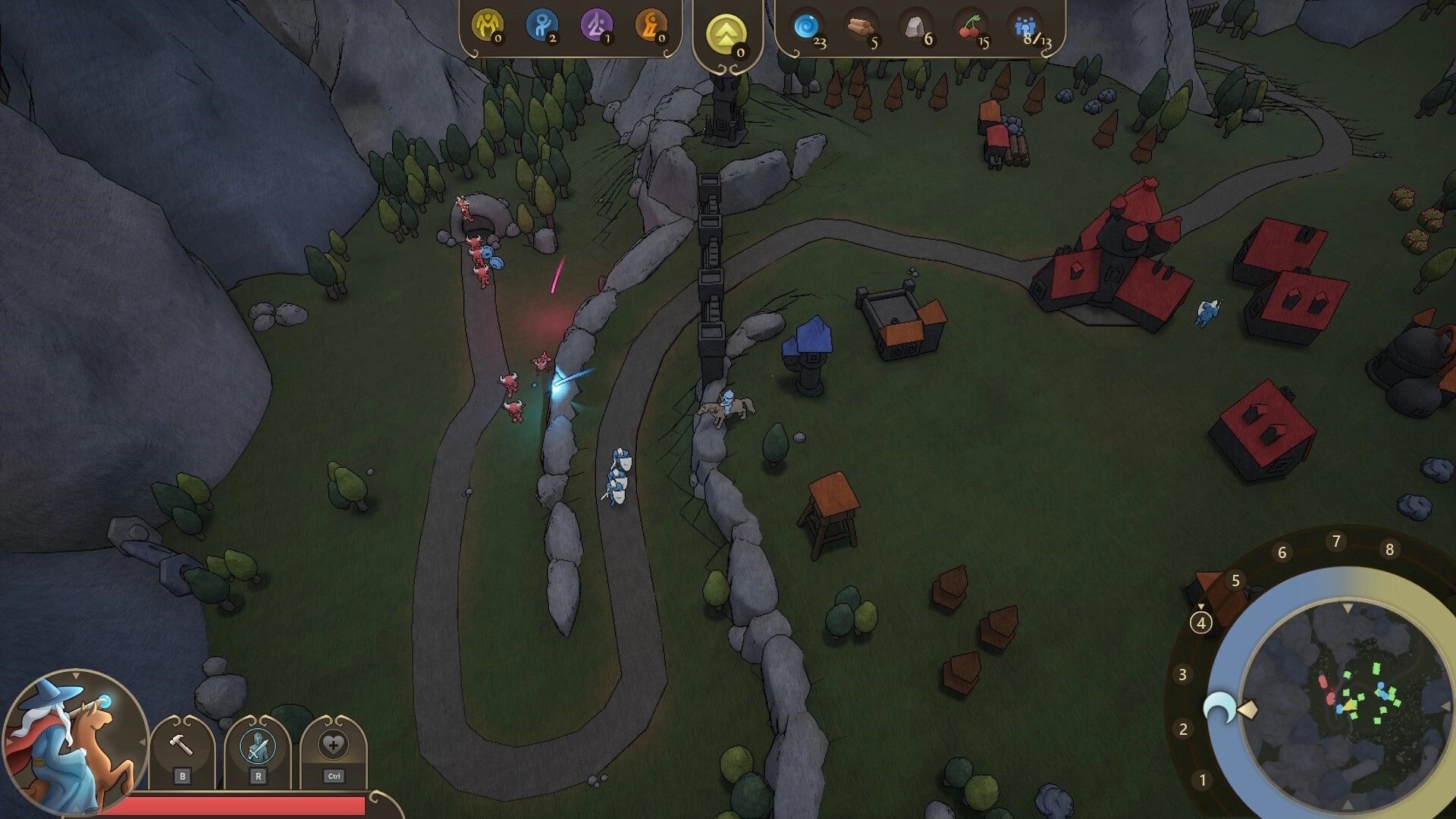 Castillon: Battle on winding path with red and blue units near castle, resource icons displayed above