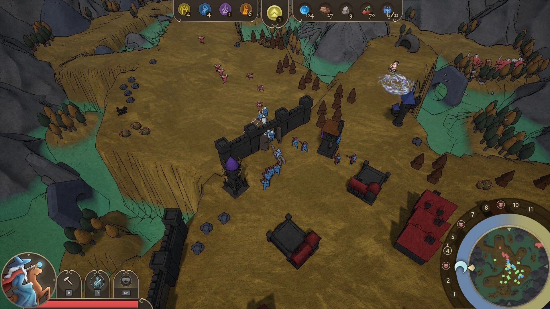 Castillon: Defending castle walls against enemy wave, strategic unit placement in forested terrain.