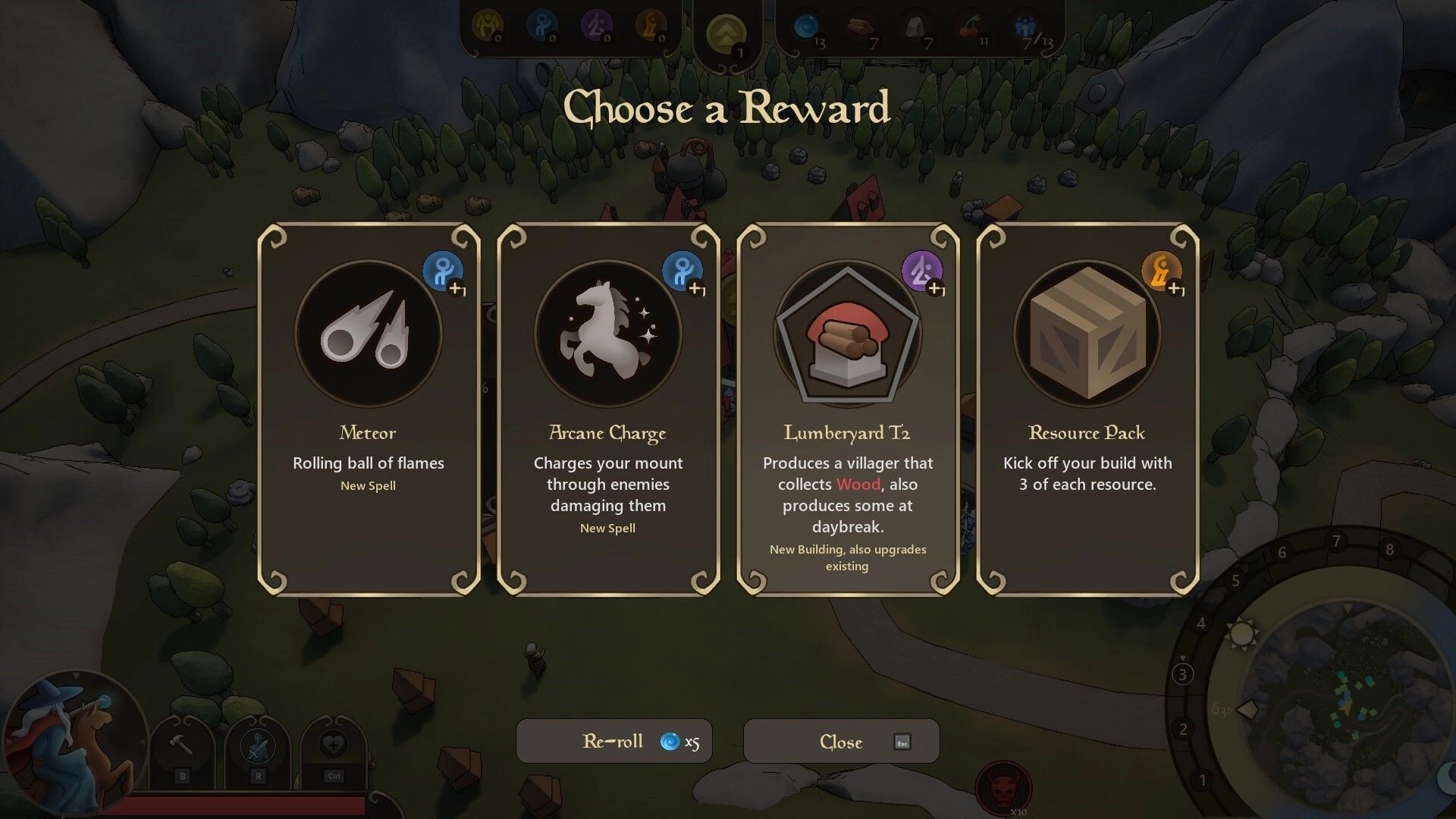 Castillon: Choosing a reward with options for spells and resources in a forested game environment.