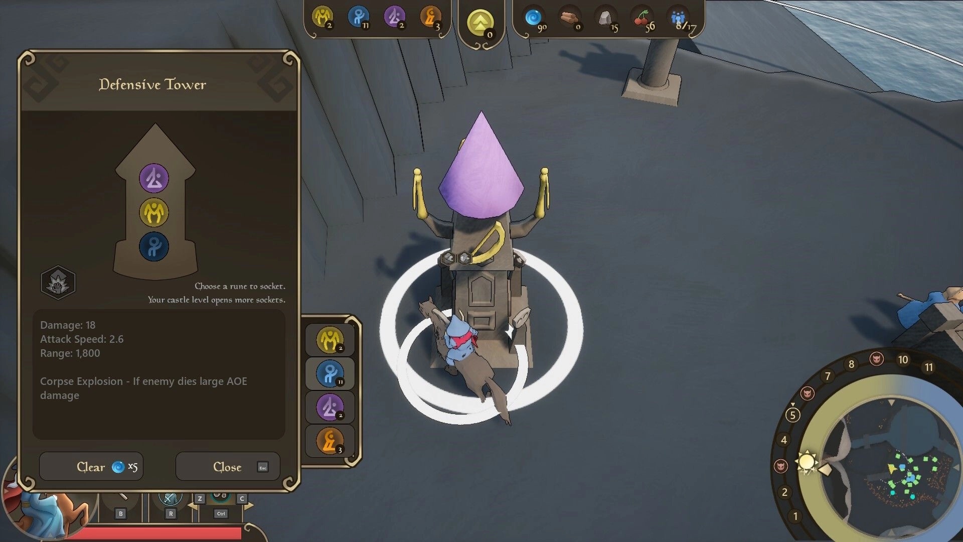 Castillon: Defensive tower setup with rune selection menu, resource icons, and map in castle courtyard.