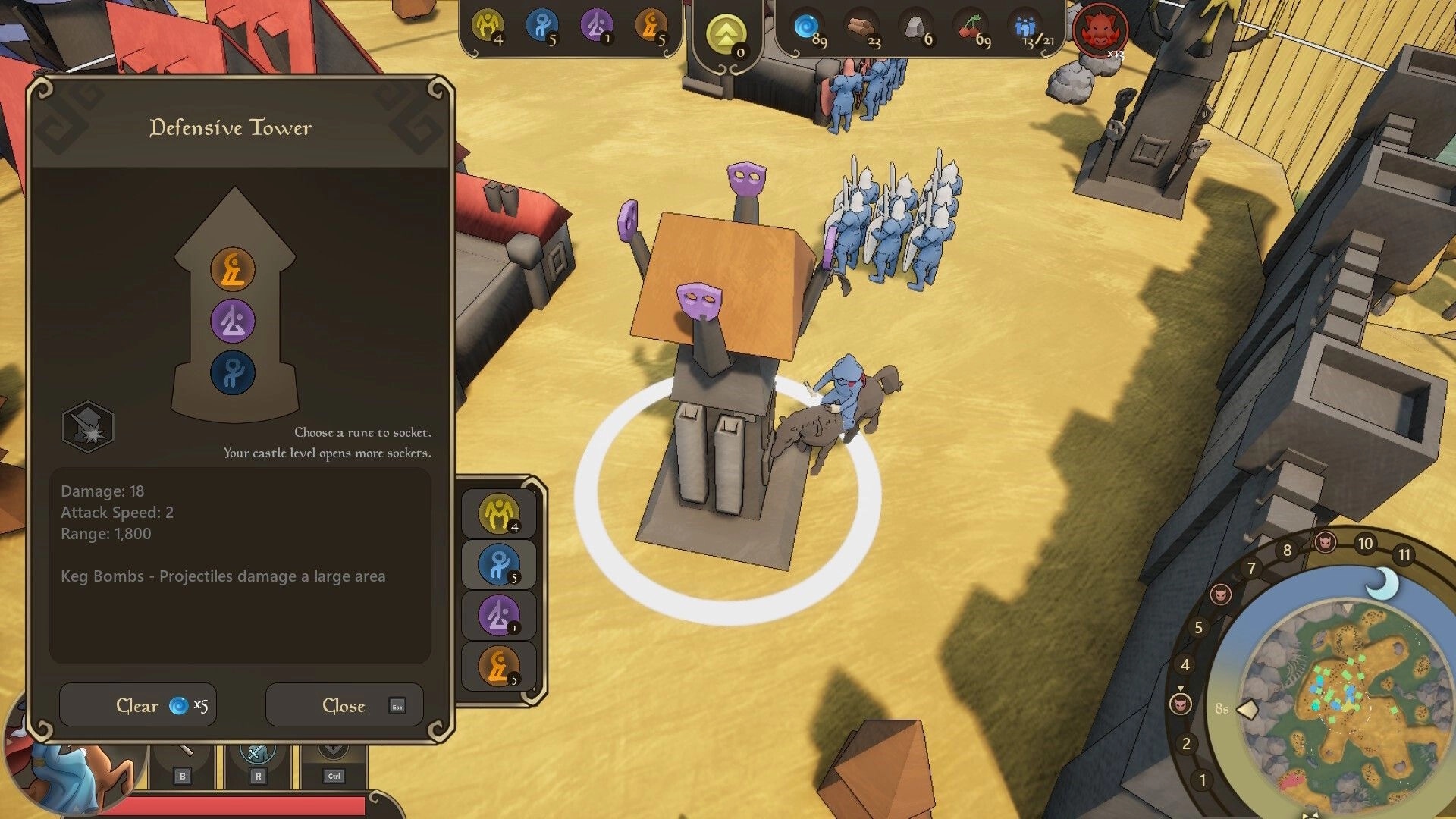 Castillon: Defensive tower upgrade menu with rune selection in a sandy castle environment.