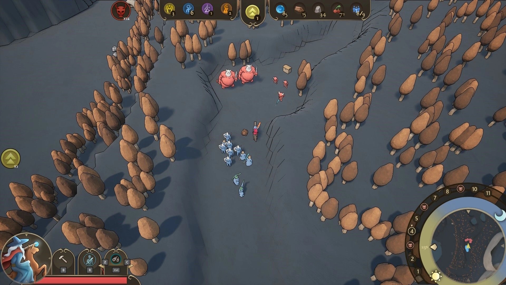 Castillon: Blue soldiers advance through a forest path toward red monsters, with resources in the UI.