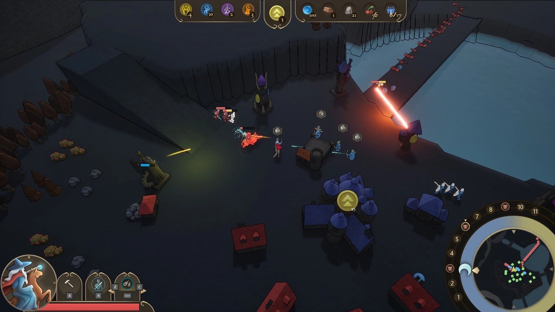 Castillon: Night battle with magic defenses and units fighting enemies near castle walls and a river.