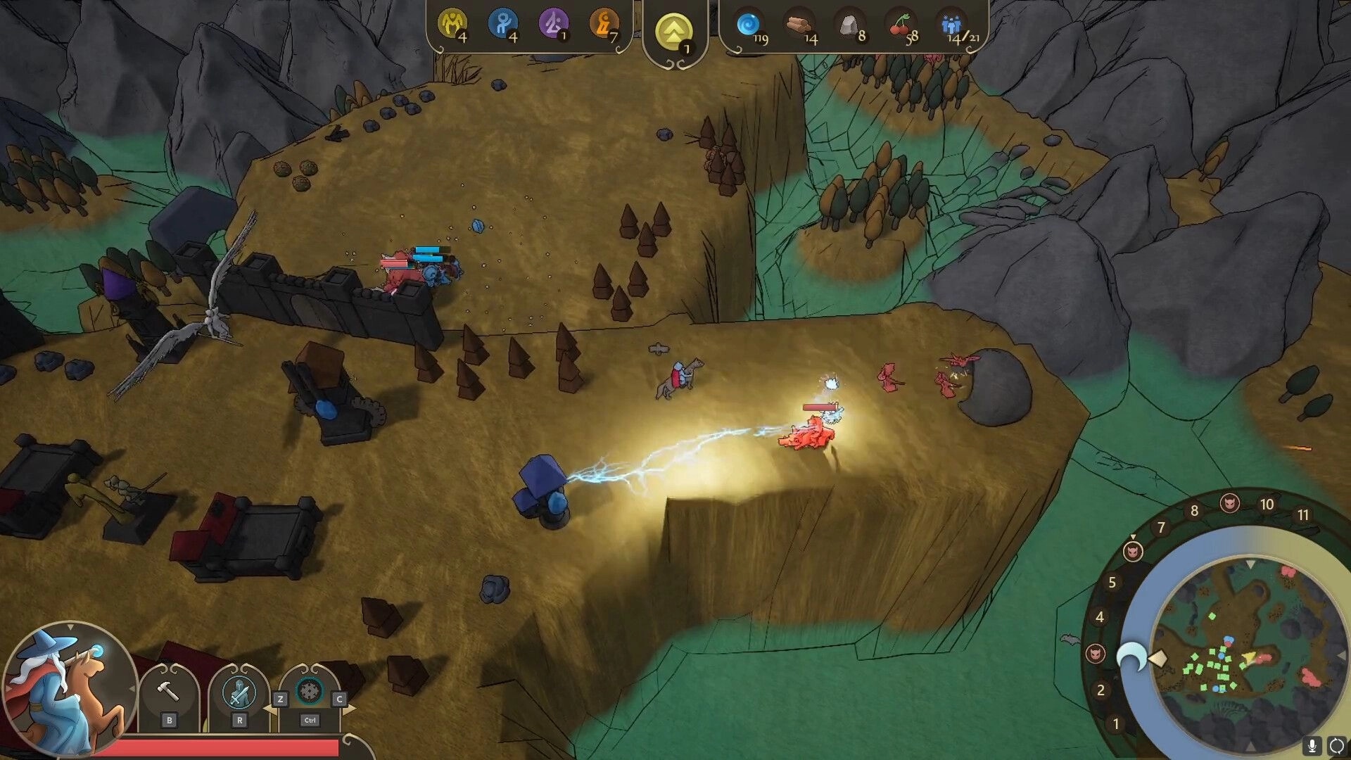 Castillon: Wizard casts lightning spell at red enemies near a stone wall in a mountainous landscape