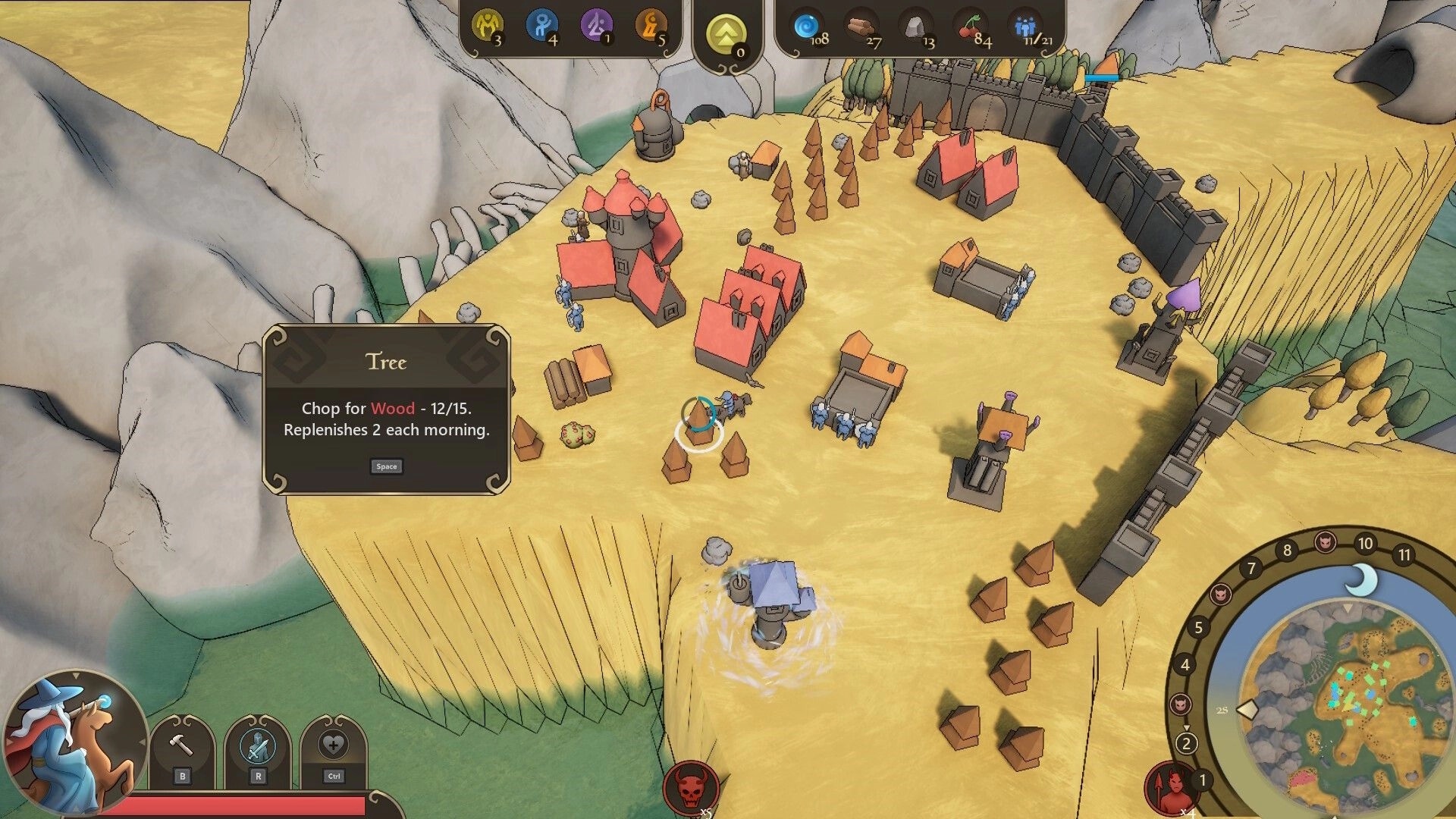 Castillon: Overhead view of a castle village with resource icons and a tree harvesting tooltip displayed.
