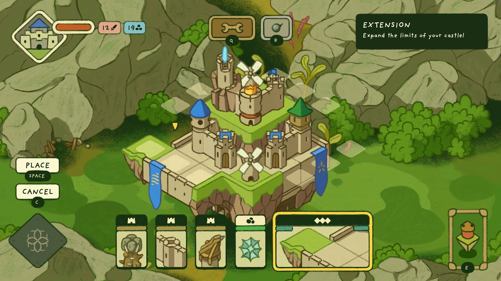 Castle Away: Placing an extension tile on a flying castle base with build menu and Place/Cancel UI icons.