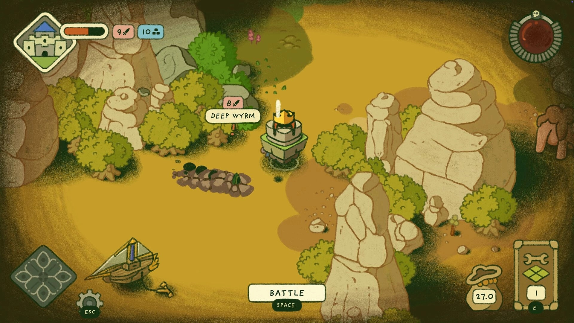 Castle Away: World map encounter labeled Deep Wyrm near cliffs and trees, with Battle prompt UI.