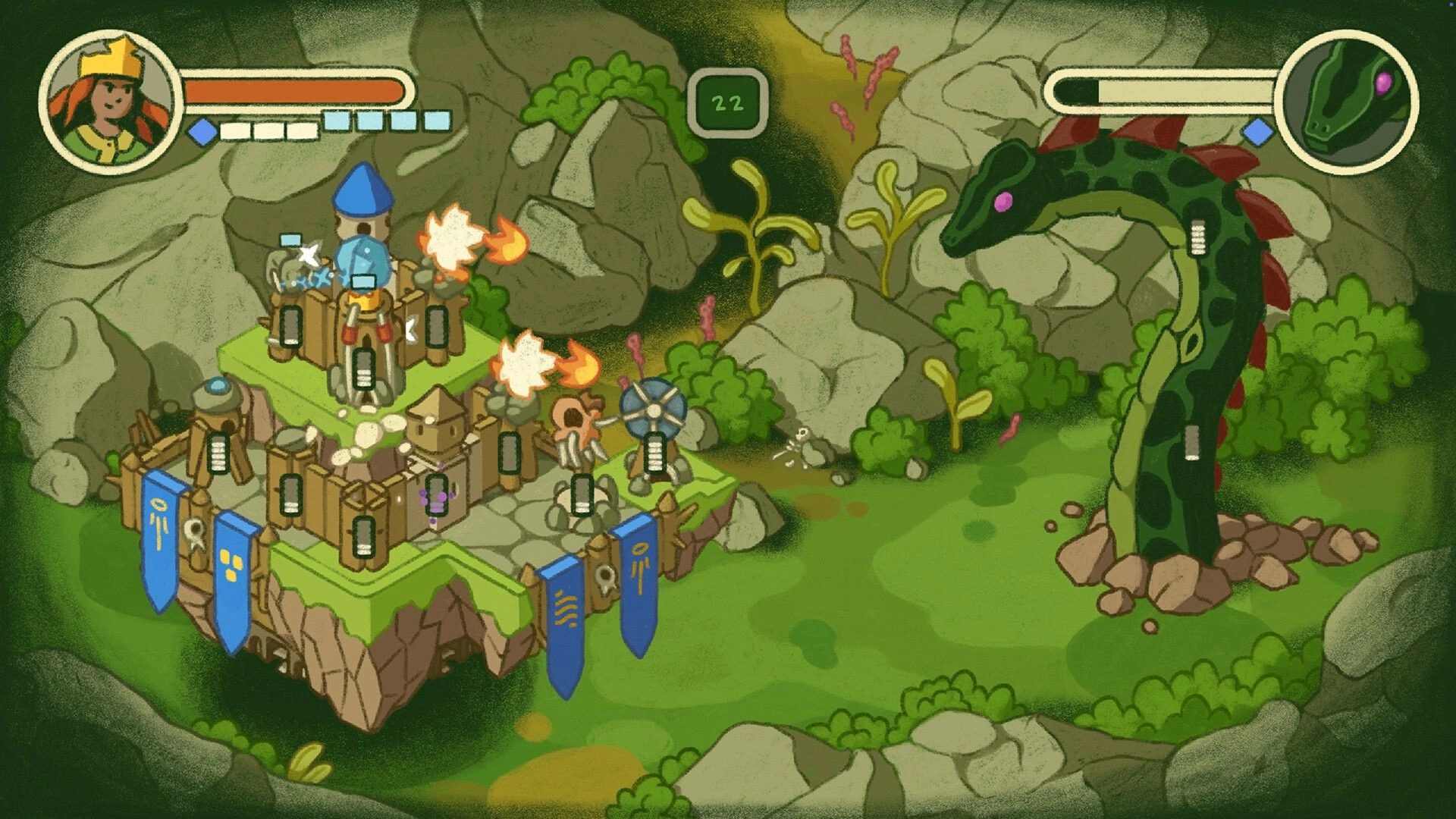 Castle Away: Floating fortress base with towers and windmill facing a giant serpent in a rocky glade.