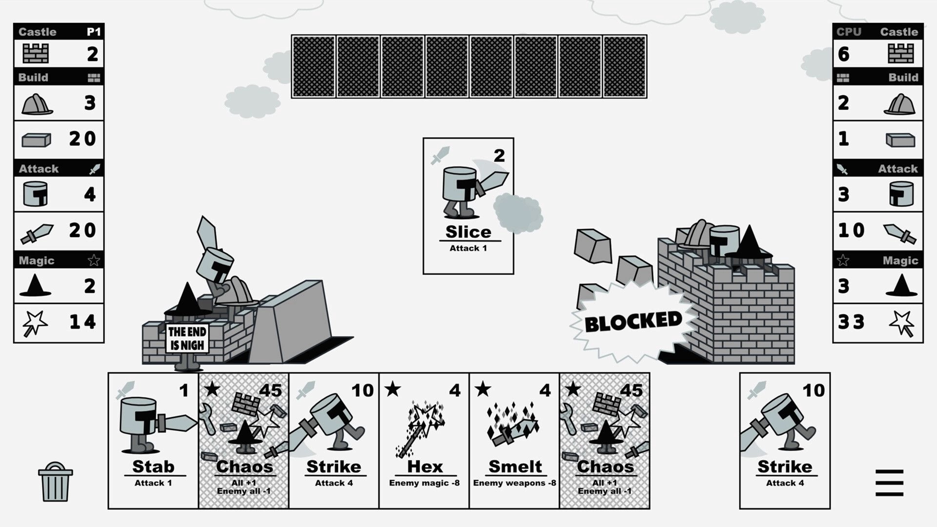 Castle V Castle: Player uses Slice card against CPU's castle, resulting in a blocked attack.