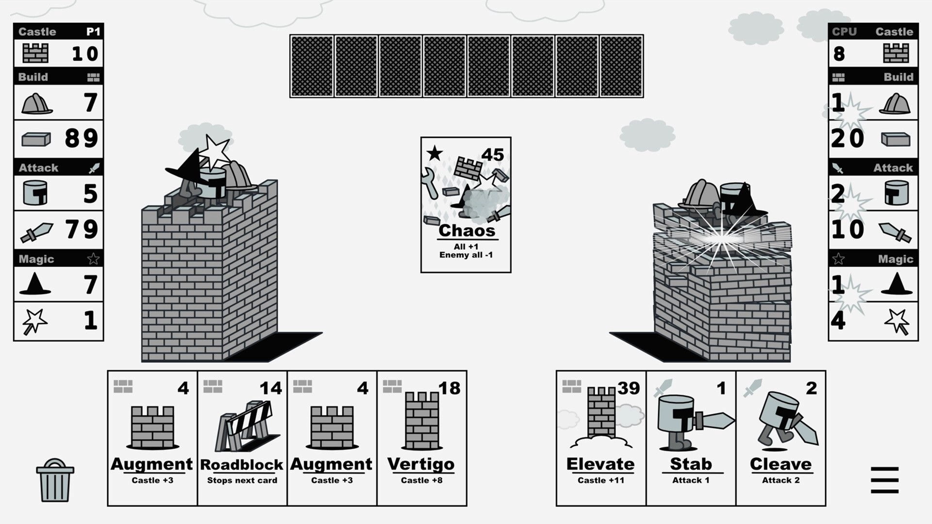 Castle V Castle: Player and CPU castles face off, with active Chaos card and various action cards displayed.