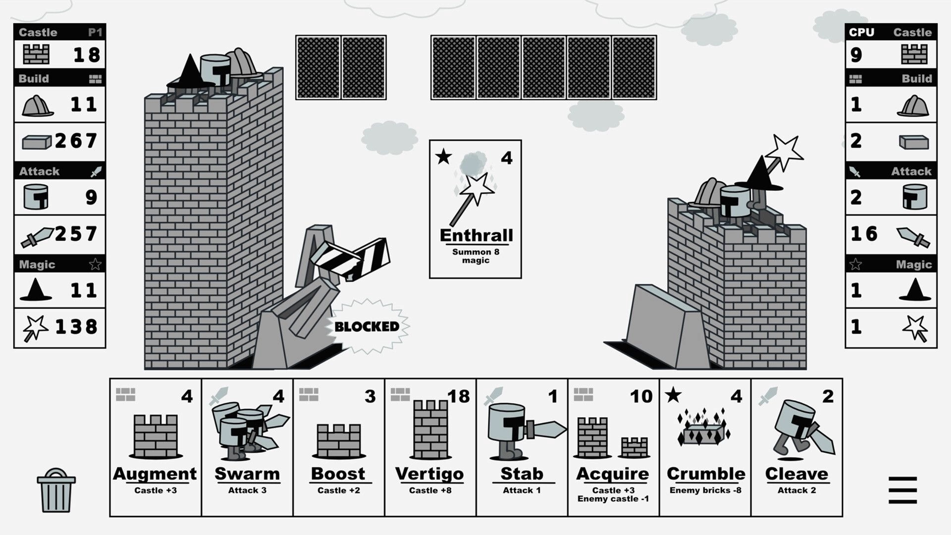 Castle V Castle: Duel between two mages on castle towers; card "Enthrall" is played in center
