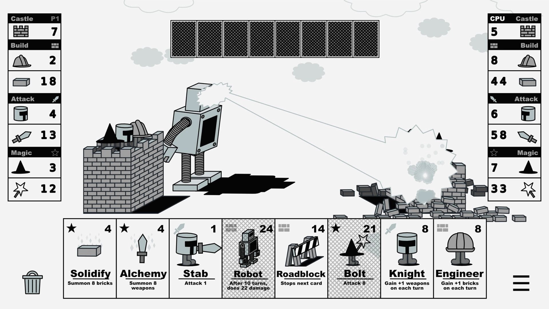 Castle V Castle: Robot attacks enemy castle with laser in card-based duel interface