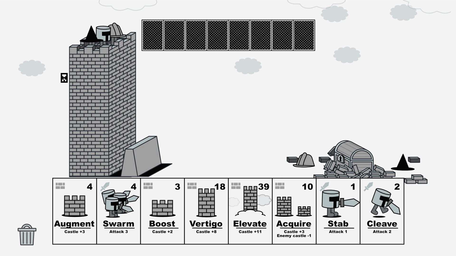 Castle V Castle: Tall brick tower left, rubble right, eight cards below with actions and stats