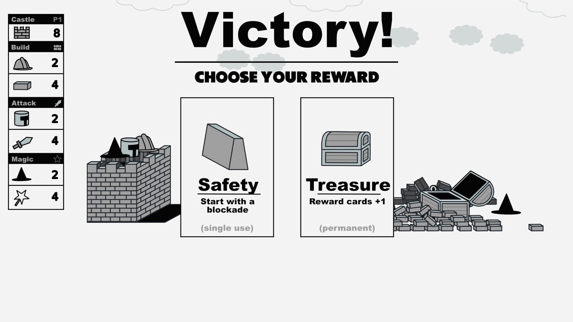 Castle V Castle: Victory screen with reward options Safety and Treasure in a card-based duel setting
