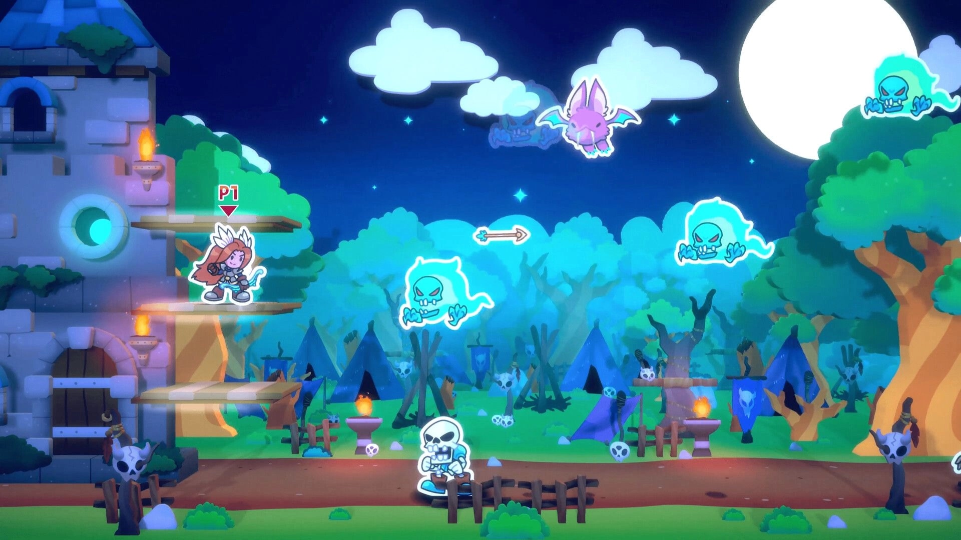 Castlebound: Player character navigating platforms at night with hovering ghost enemies in forest setting