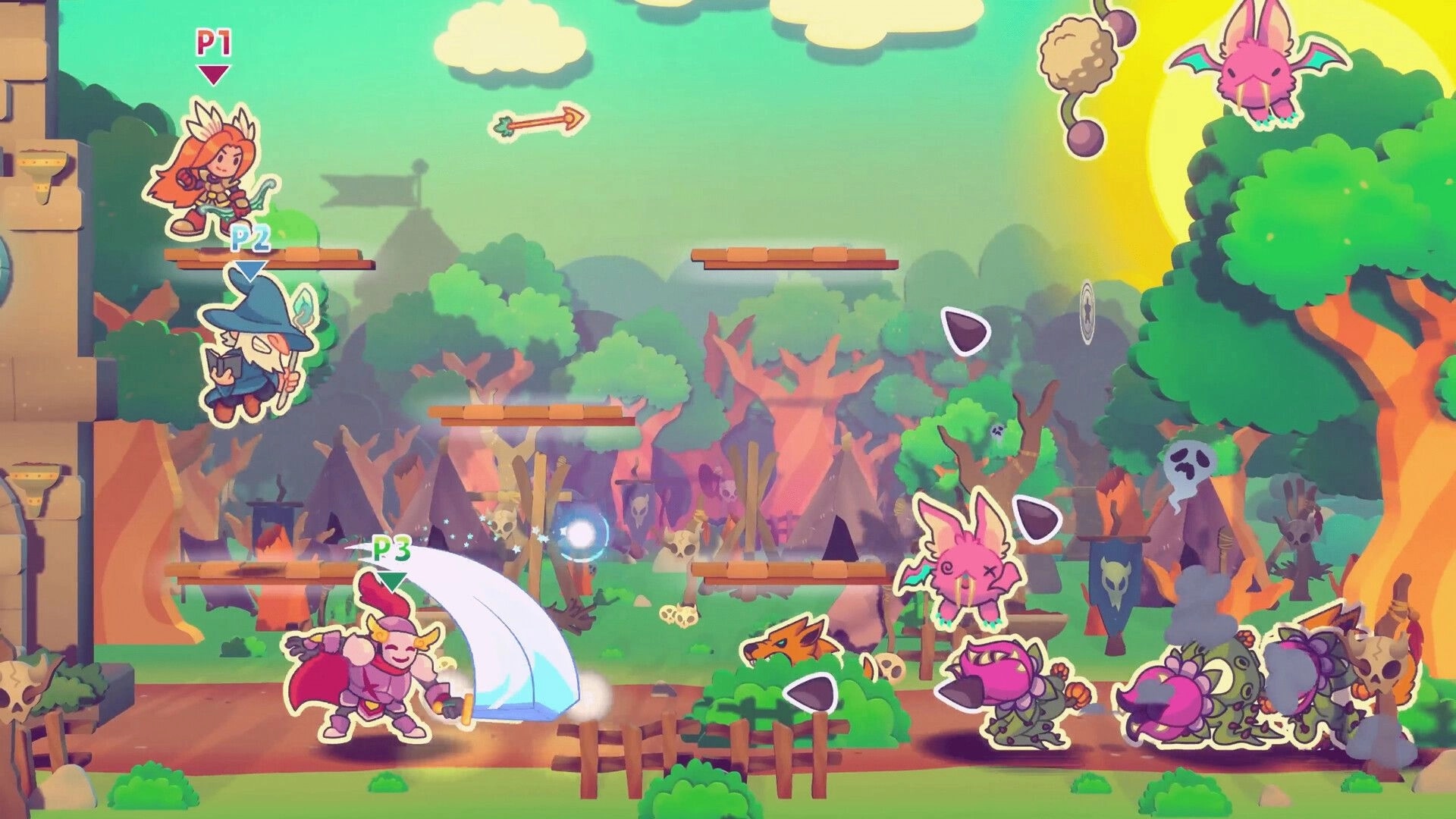 Castlebound: Heroes battle colorful enemies in vibrant forest with platforms and player indicators visible