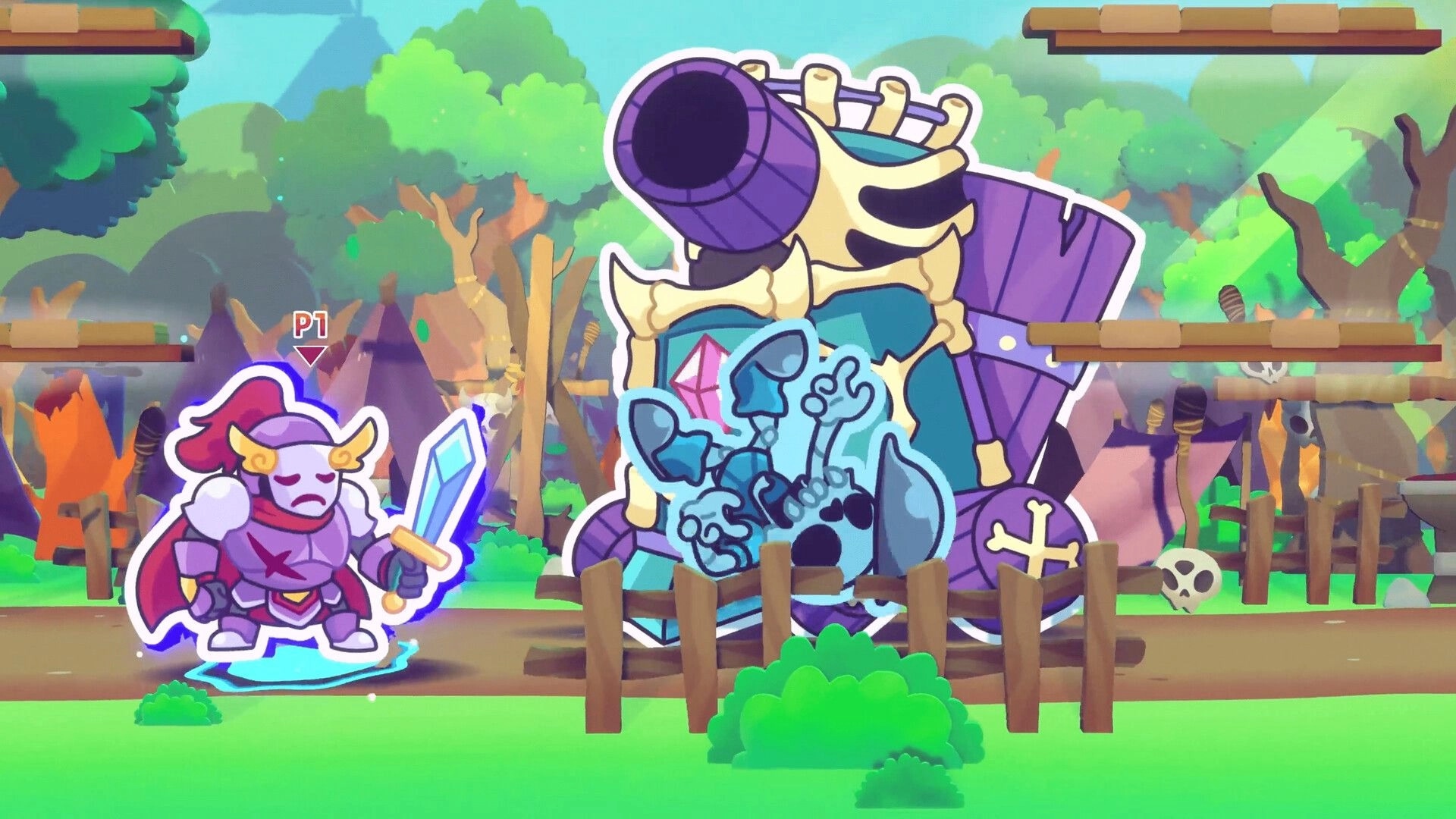 Castlebound: Hero knight battles giant armored skeleton cannon in a vibrant forest setting