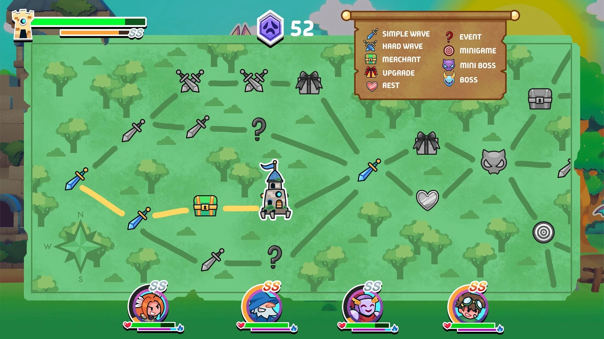Castlebound: Map navigation with walking castle, path choices, and hero avatars in forest setting