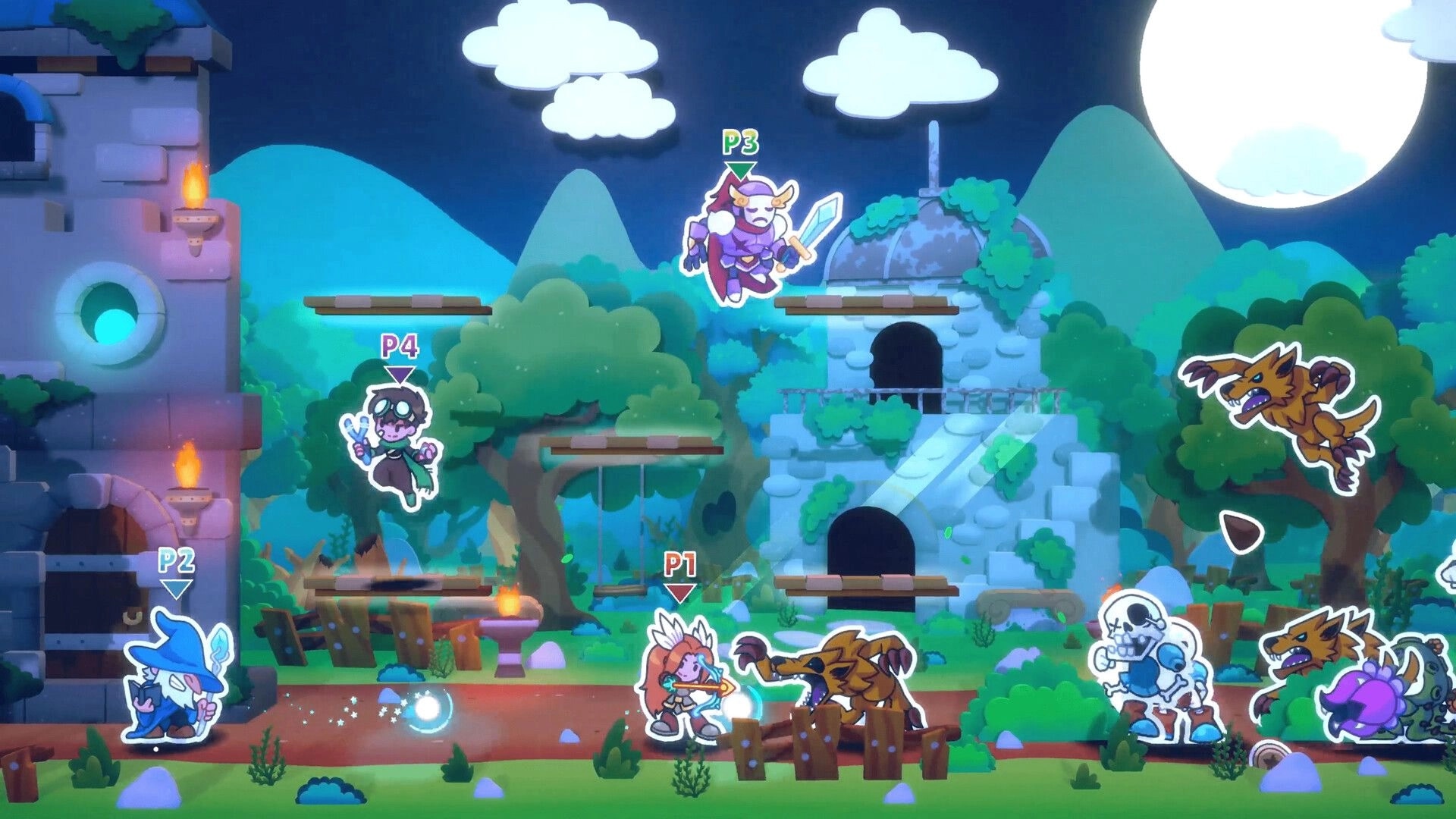 Castlebound: Multiplayer heroes battle wolves and skeletons in a vibrant moonlit forest arena