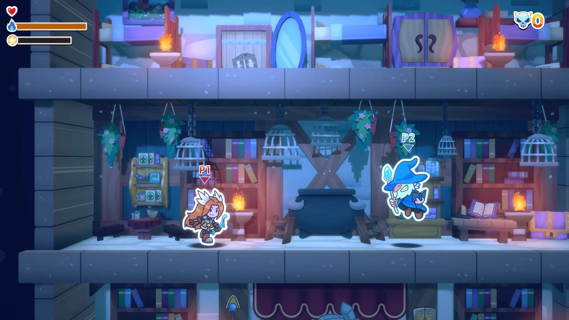 Castlebound: P1 and P2 exploring a library with shelves, cauldron, and health bar UI elements visible.