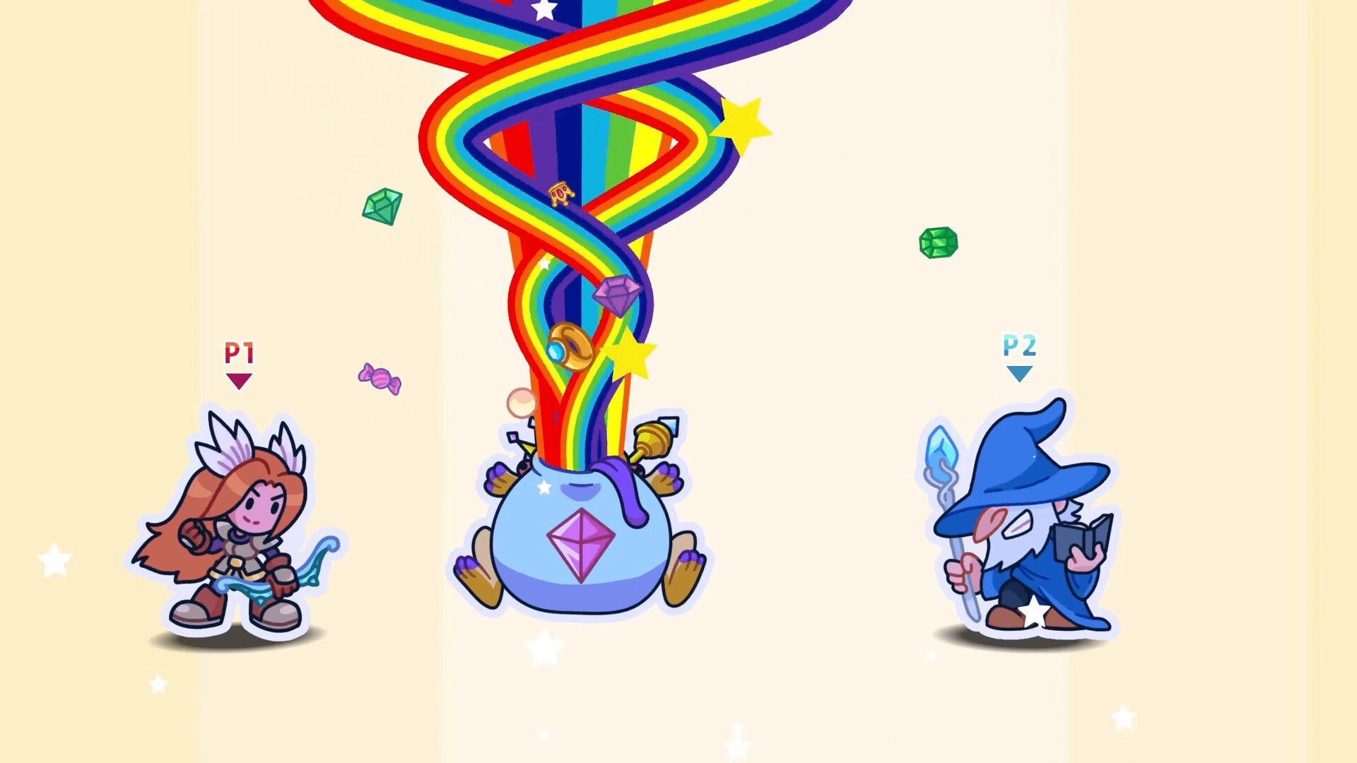 Castlebound: Player characters with rainbow treasure explosion in whimsical cartoon arena setting