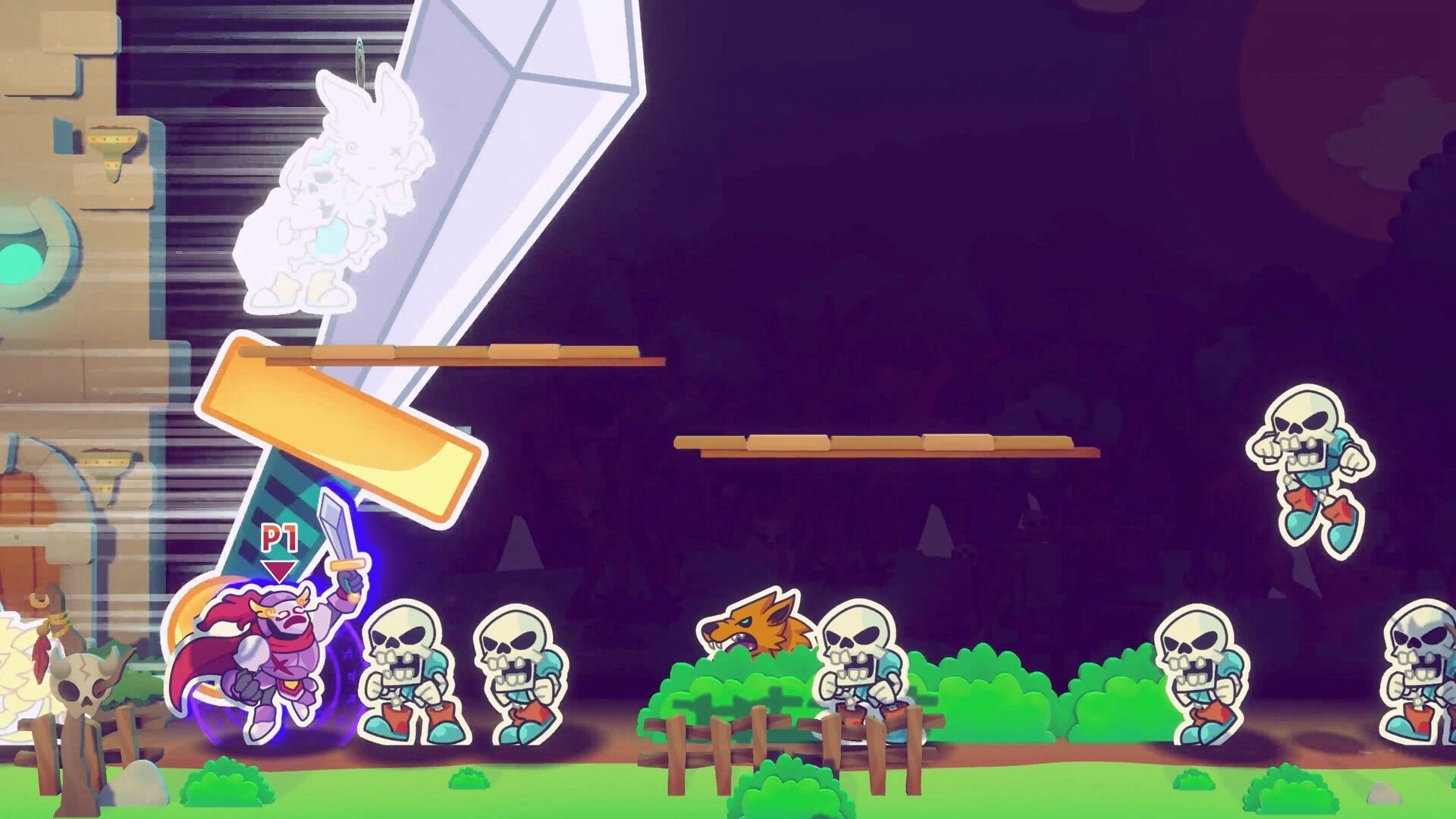 Castlebound: Hero P1 slashes skeleton enemies in a vibrant forest with floating platforms