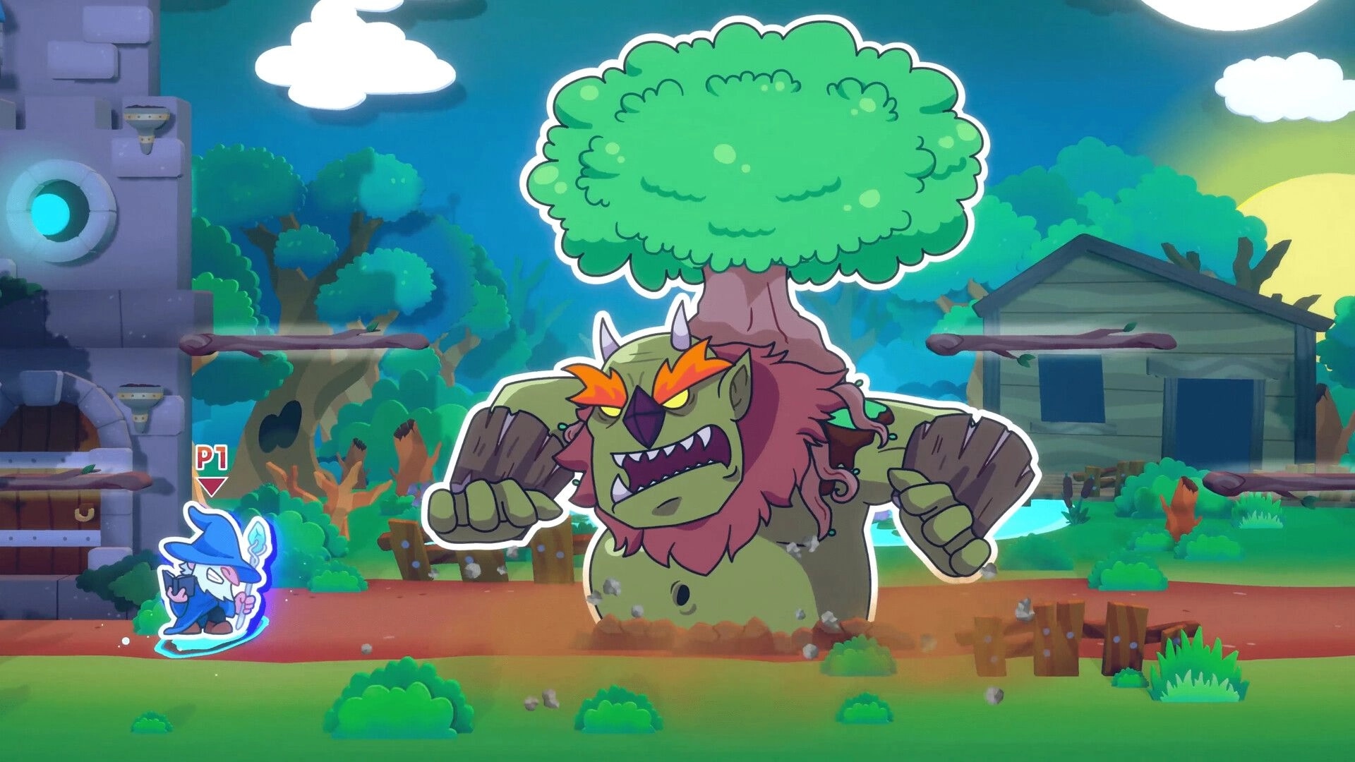 Castlebound: Wizard hero battling giant tree monster in vibrant forest setting with castle backdrop