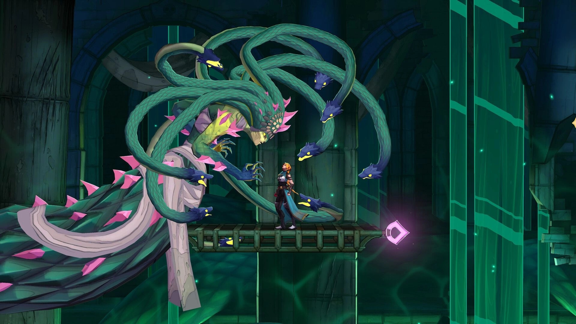 Castlevania: Hero faces a multi-headed serpent boss on a platform in a glowing green ruin corridor.