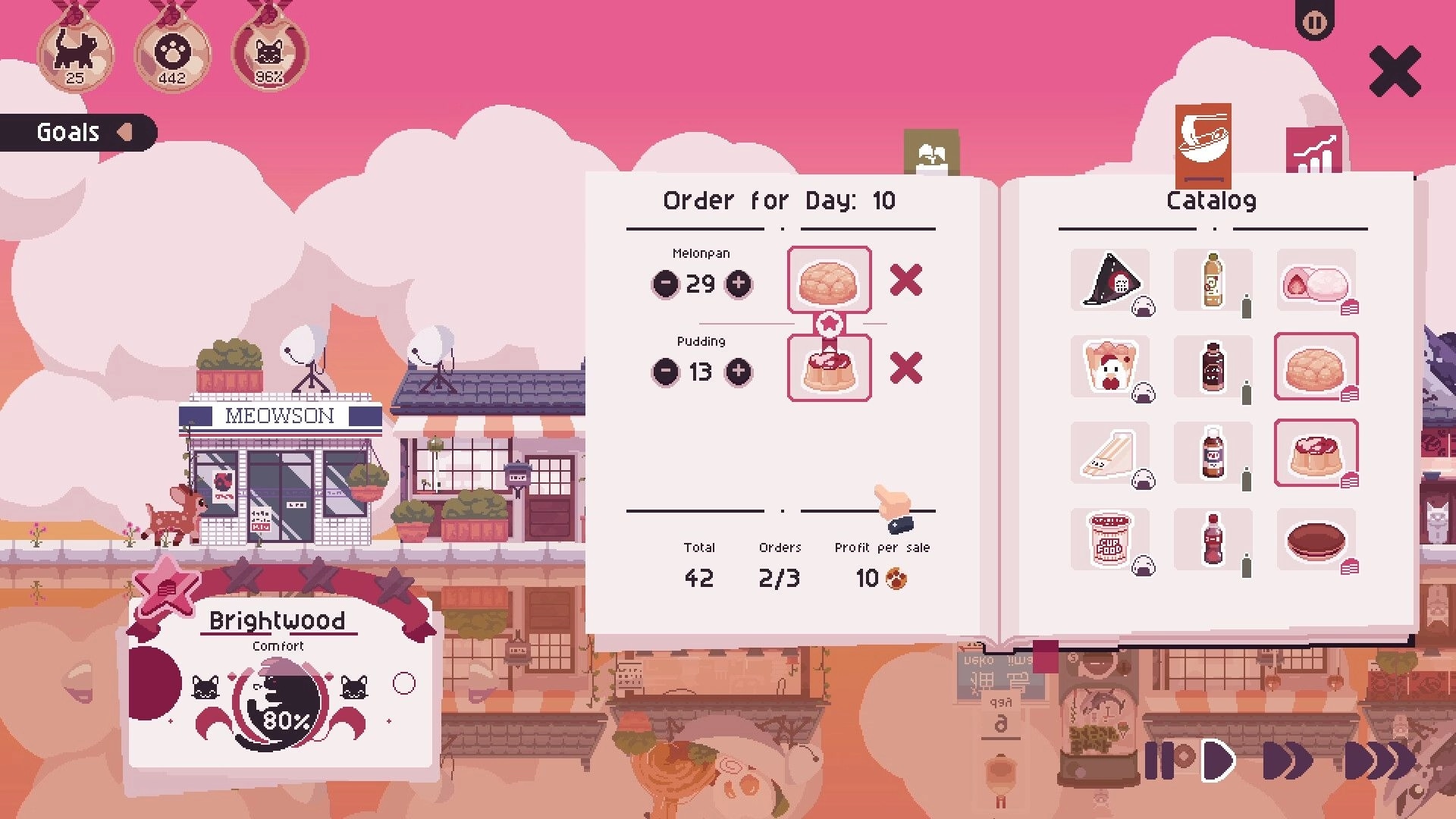Cat Isle: Order for Day menu and catalog open over Brightwood town street with Meowson shopfront.