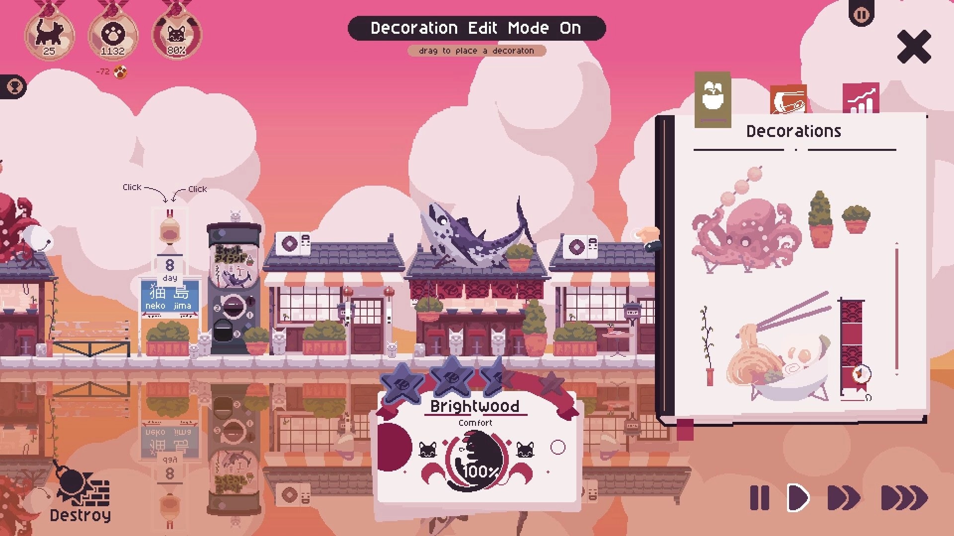 Cat Isle: Decoration edit mode with Decorations catalog open over a cozy town street at sunset sky.