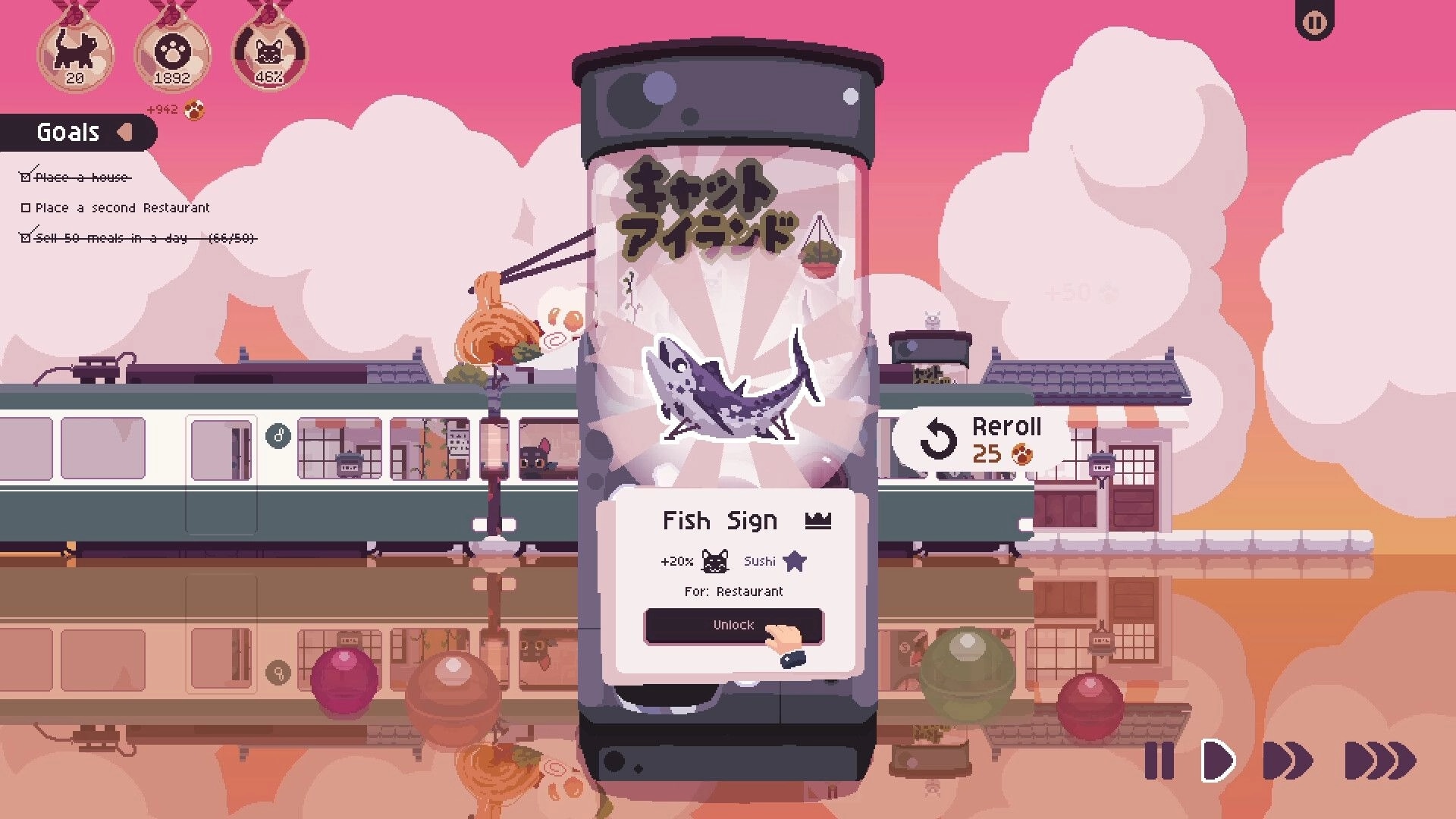 Cat Isle: Card reward popup for Fish Sign with reroll cost, over a train station at sunset.
