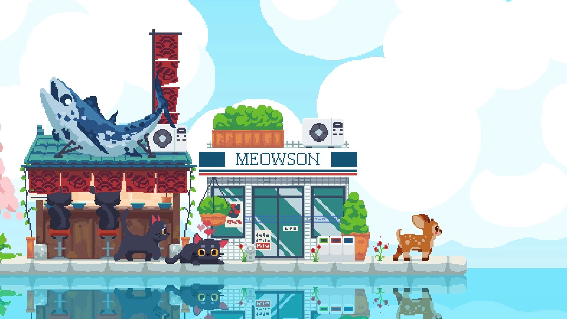 Cat Isle: Cats lounge by MEOWSON storefront and fish restaurant on a waterfront street under clouds.