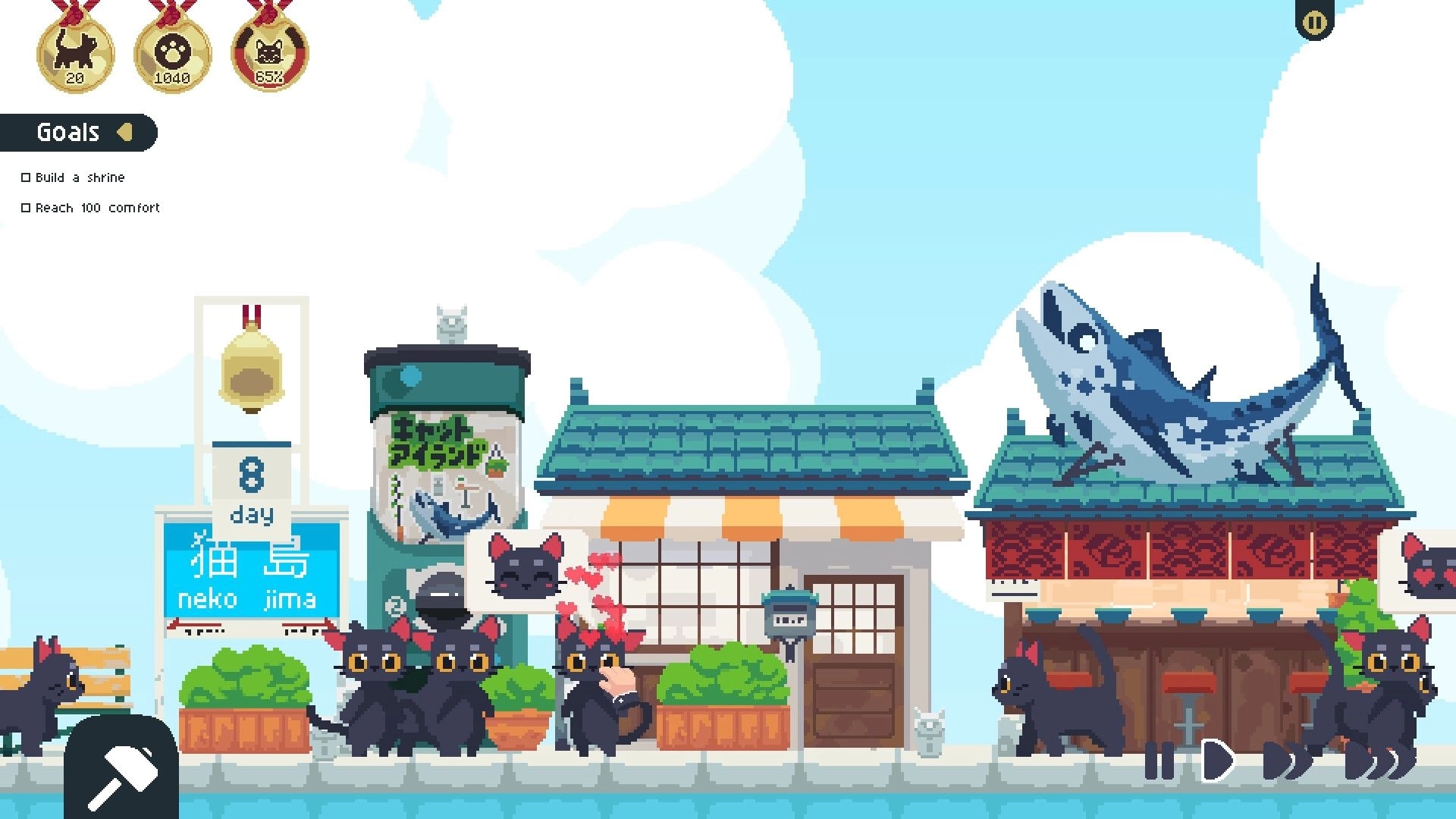 Cat Isle: Cats gather by shops with heart icons and goals list UI in a seaside town street scene.