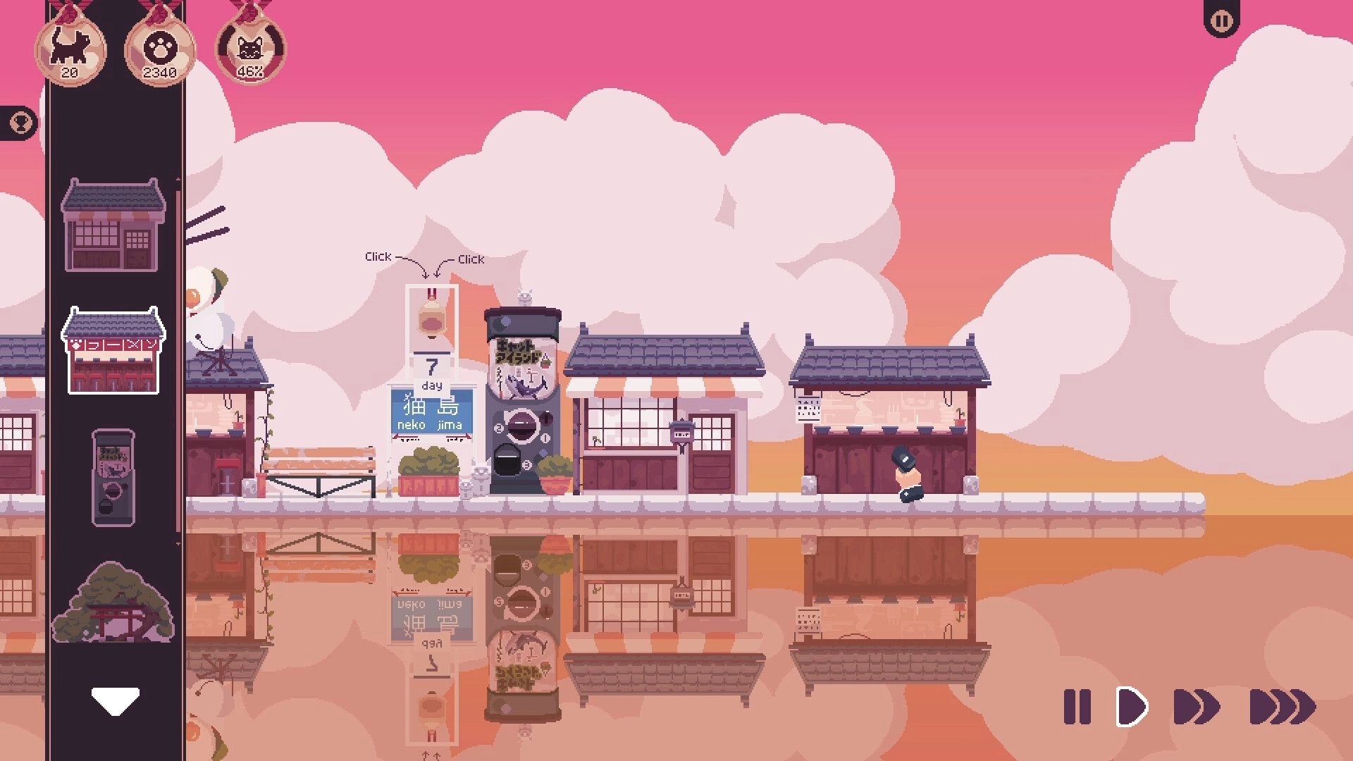 Cat Isle: Building menu open with shop icons and a cat walking past houses at sunset station.