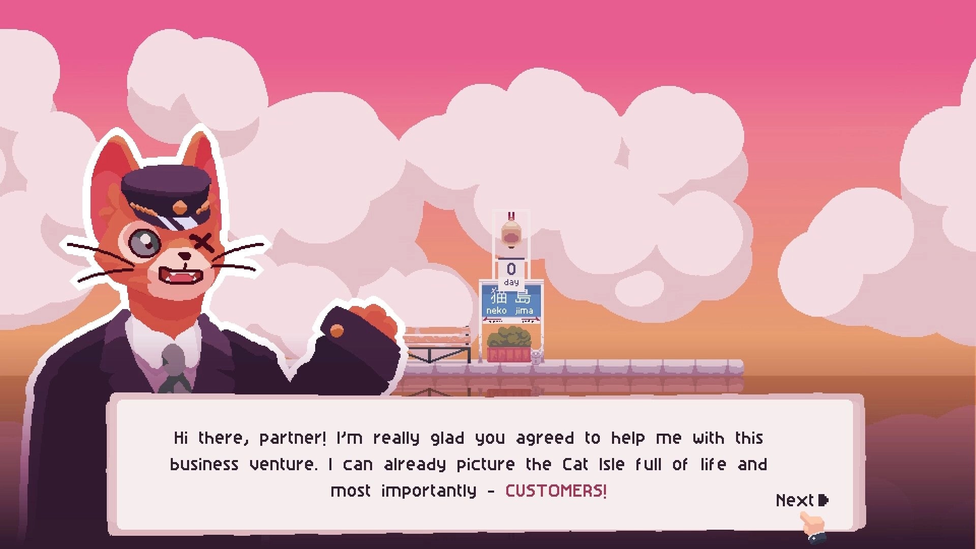 Cat Isle: Cat conductor introduces partnership in dialogue box at train platform under pink clouds.