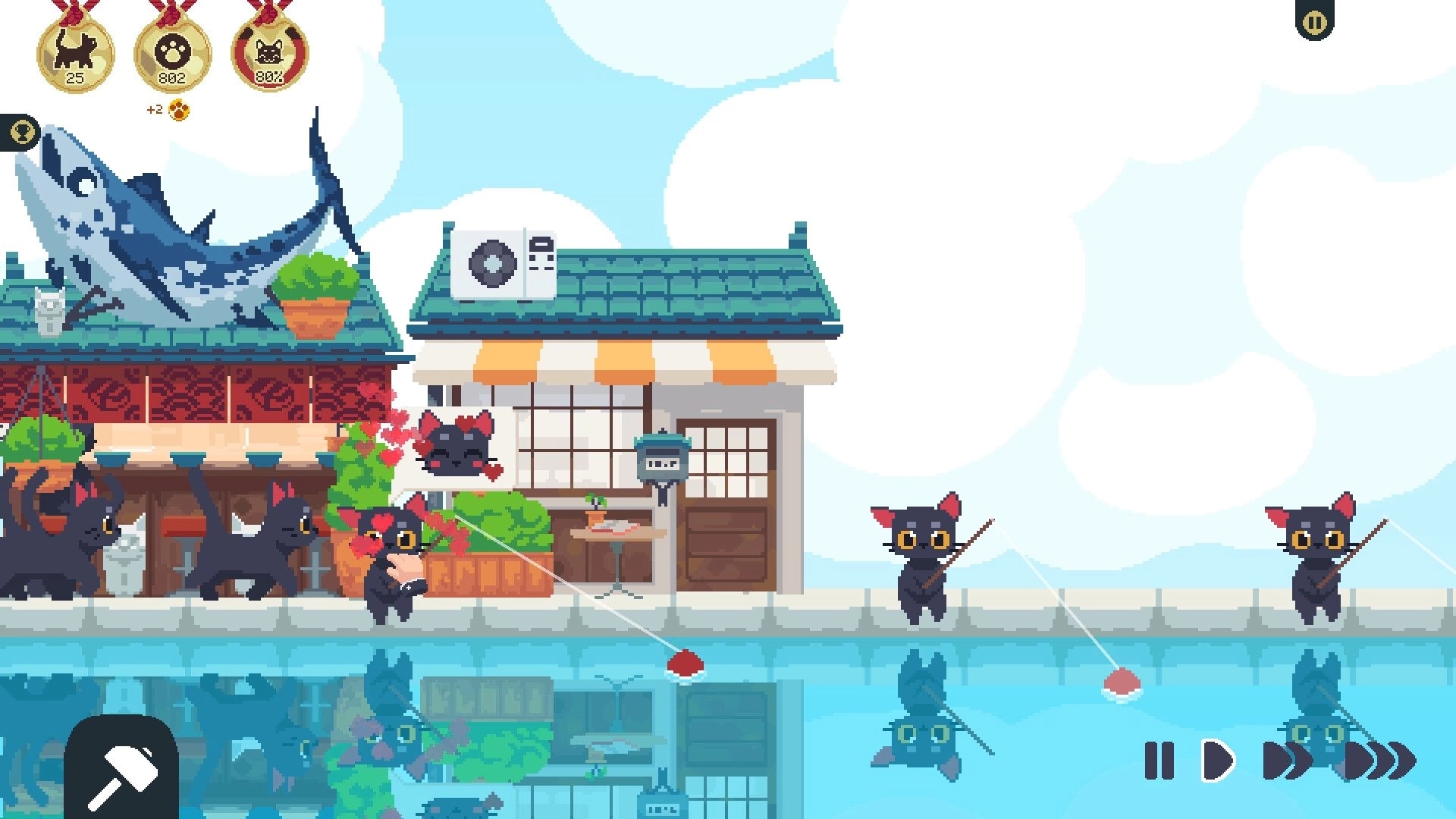 Cat Isle: Cats fishing by a canal outside tiled-roof shops, with tool and speed controls on HUD.