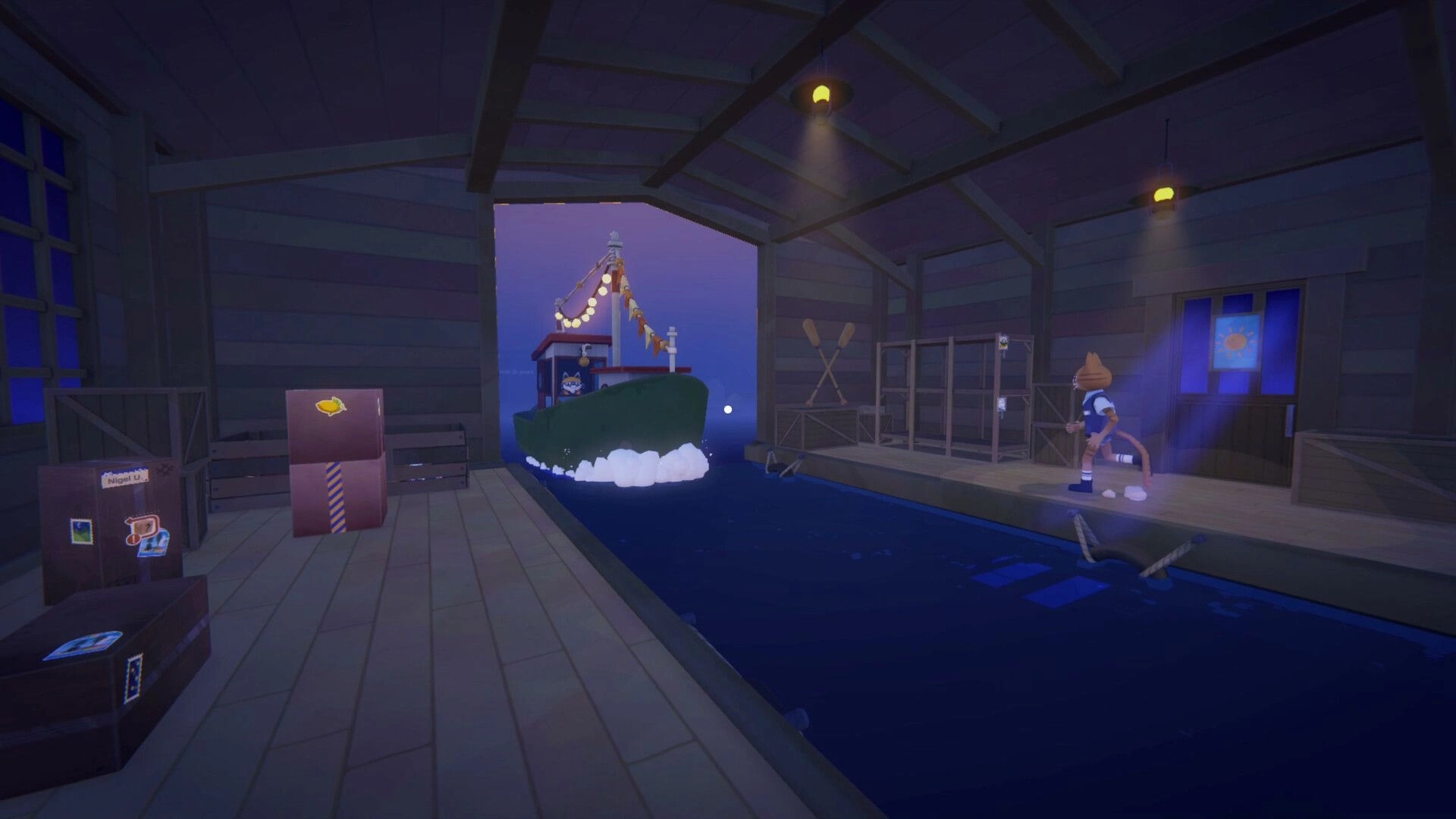 Cat Mail Co.: Mail boat arrives at dock as cat worker runs past crates inside a dim warehouse bay.