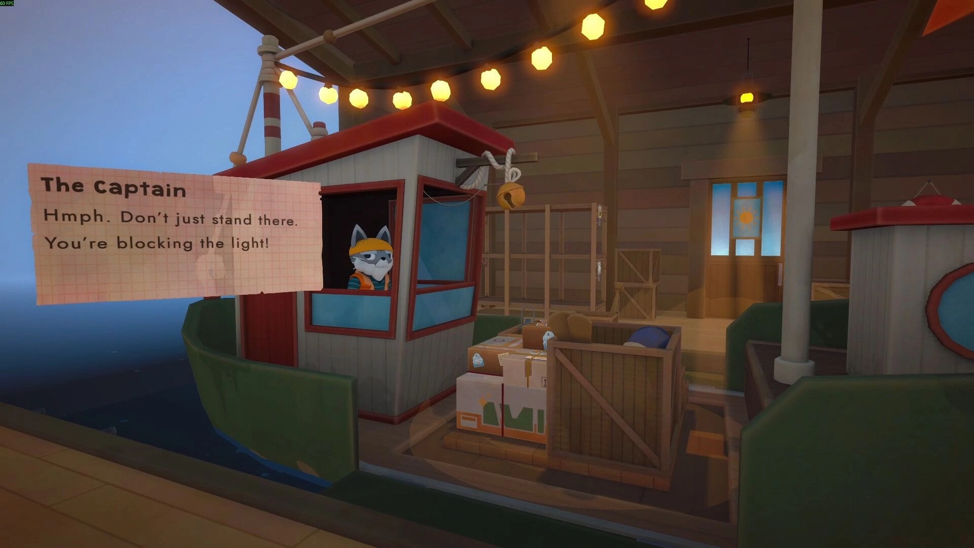 Cat Mail Co.: Captain cat speaks in dialogue box on a boat dock with crates, parcels, lights overhead.