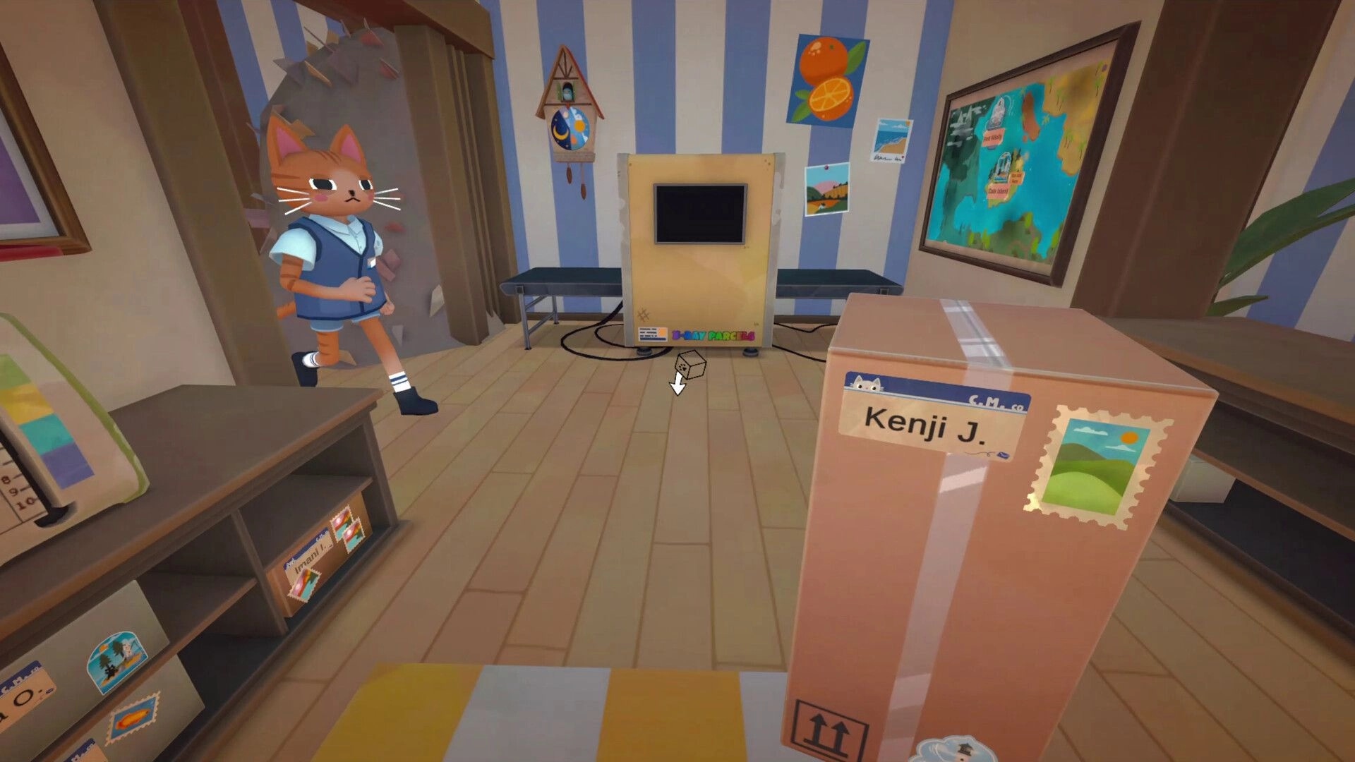 Cat Mail Co.: Cat postal worker stands by doorway as a parcel for Kenji J. sits in the mail room.