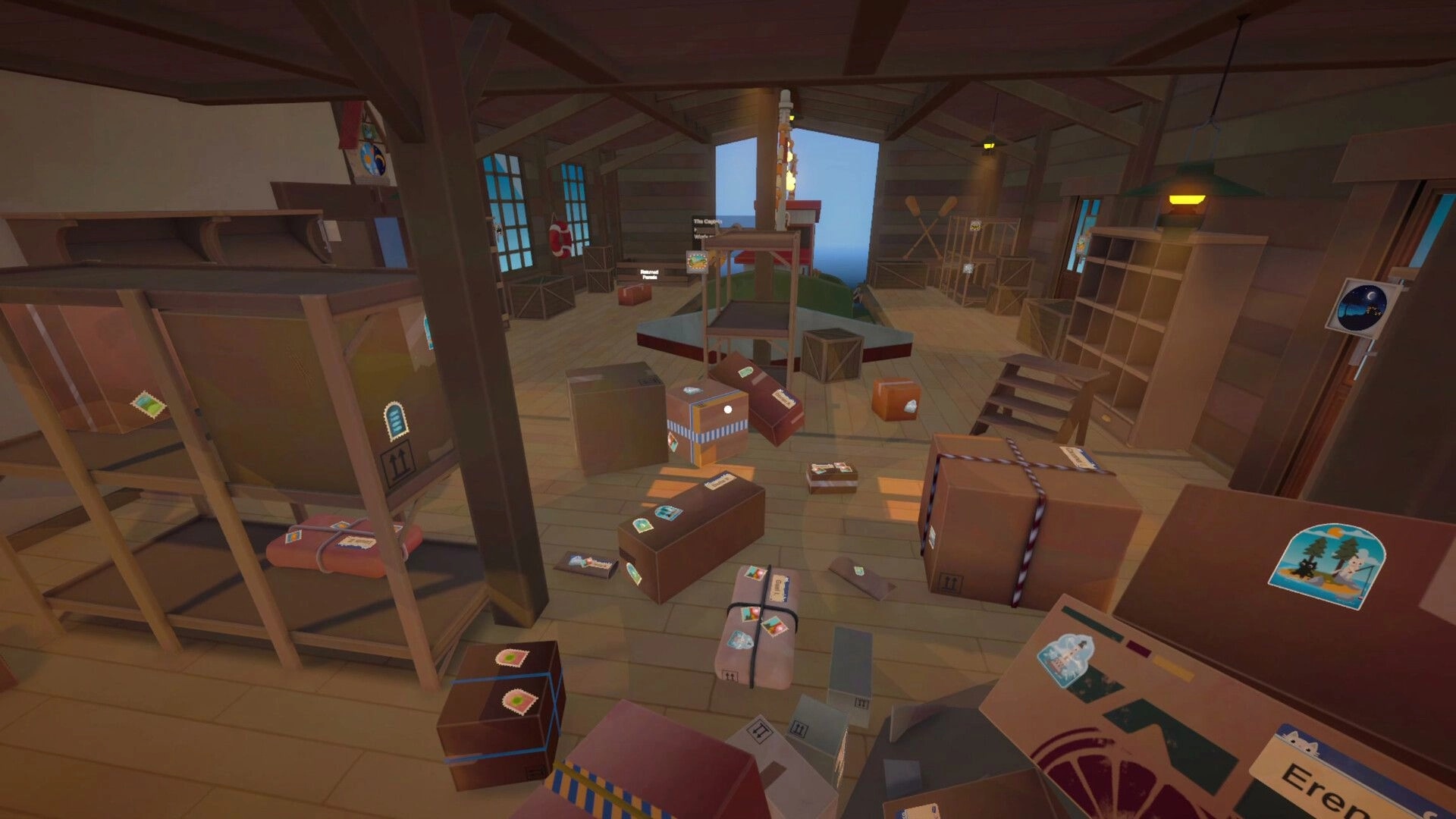 Cat Mail Co.: Parcel sorting room with scattered boxes and empty shelves inside a wooden warehouse loft.